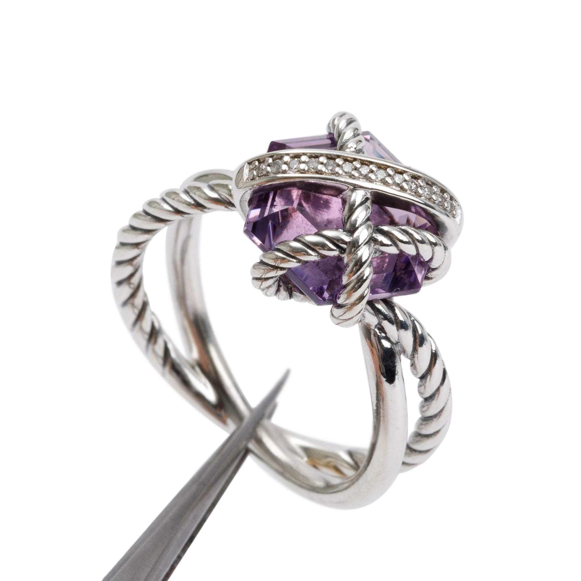 David Yurman Sterling Silver Amethyst & Diamond Cable Wrap Ring, Size 6
