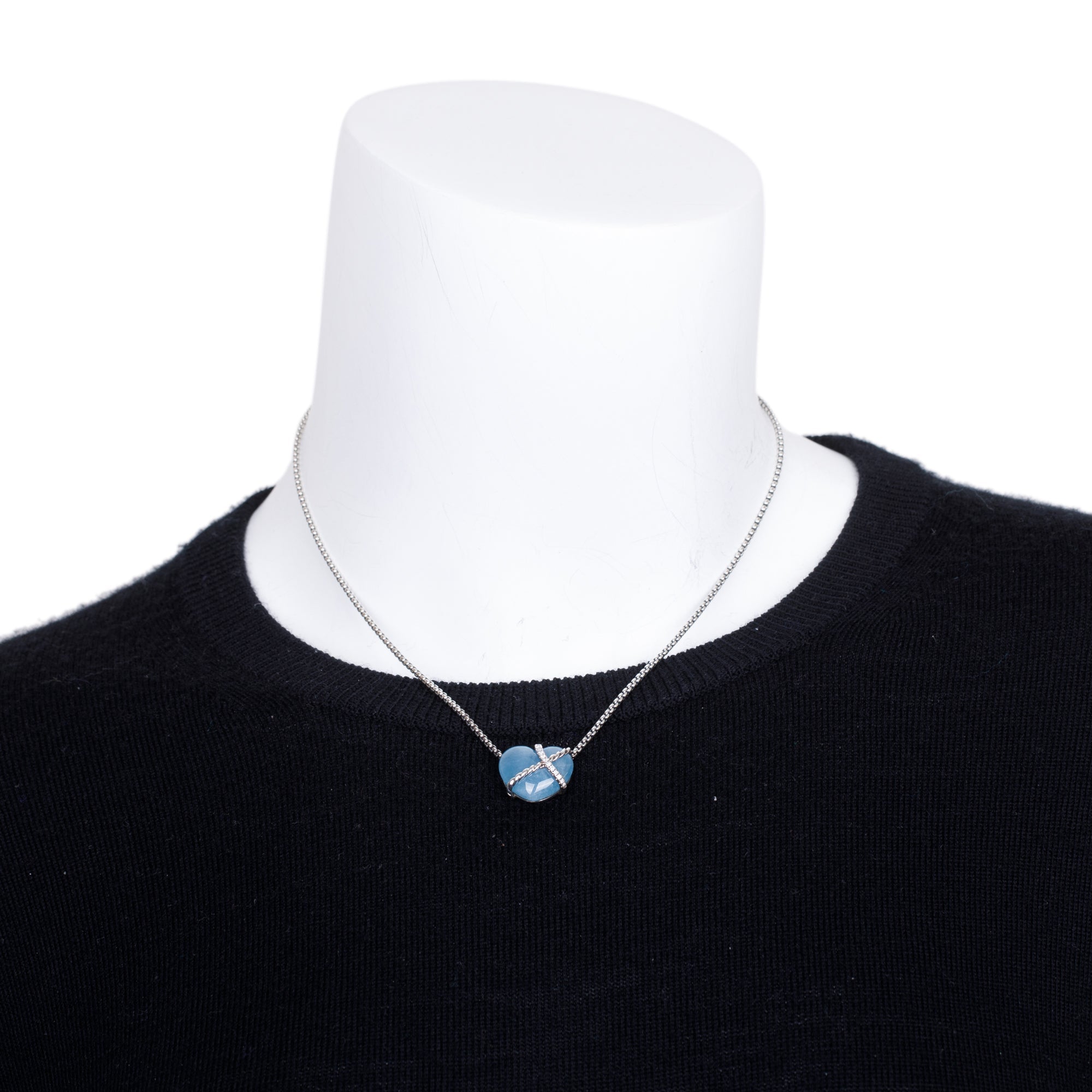 David Yurman Sterling Silver Aquamarine & Diamond Le Petit Coeur Sculpted Heart Pendant Necklace
