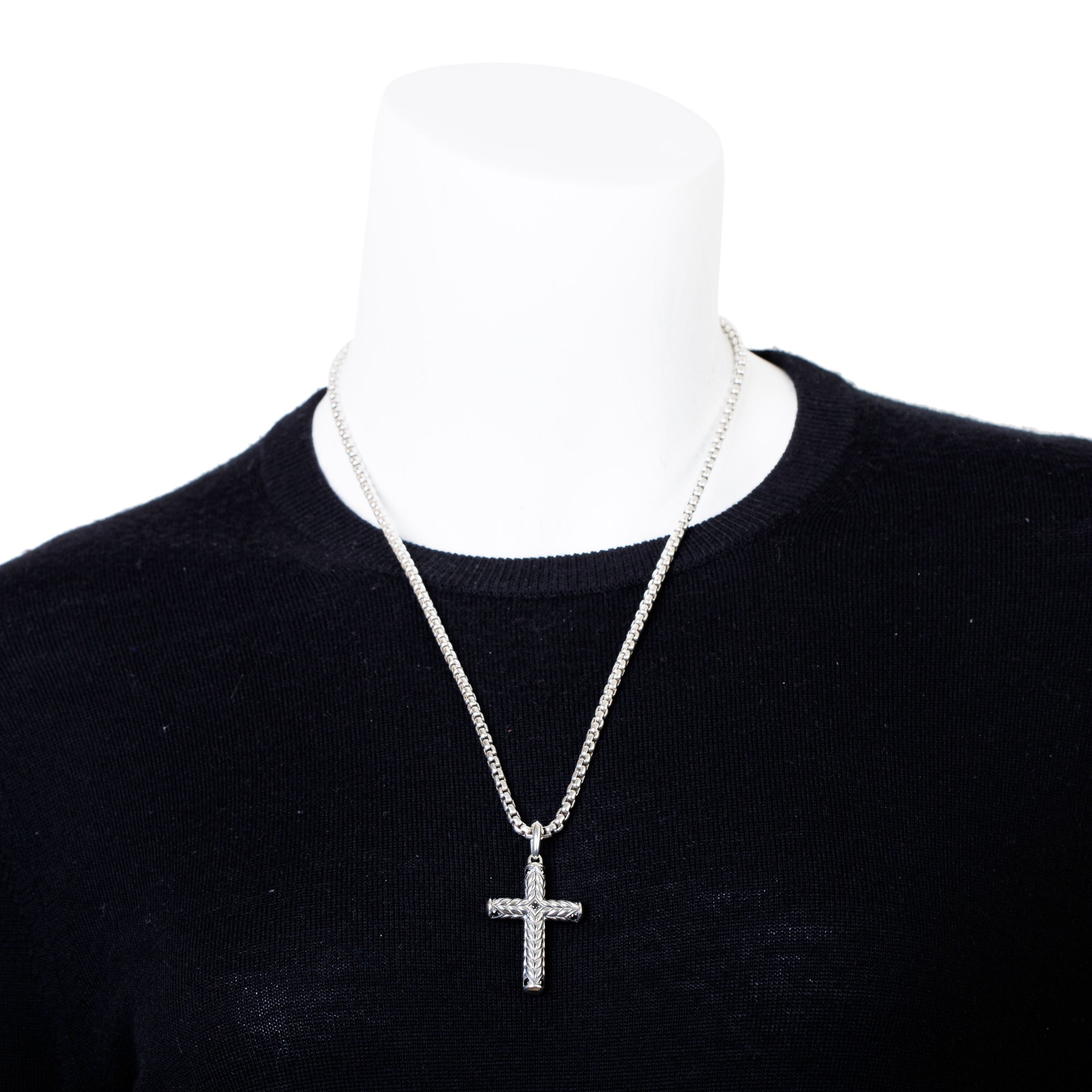 David Yurman Sterling Silver Black Diamond Chevron Sculpted Cross Pendant Necklace w/ Box & Receipt