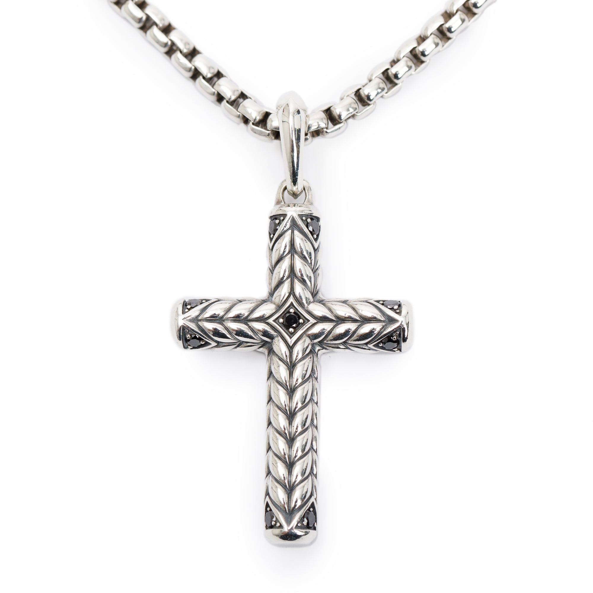 David Yurman Sterling Silver Black Diamond Chevron Sculpted Cross Pendant Necklace w/ Box & Receipt
