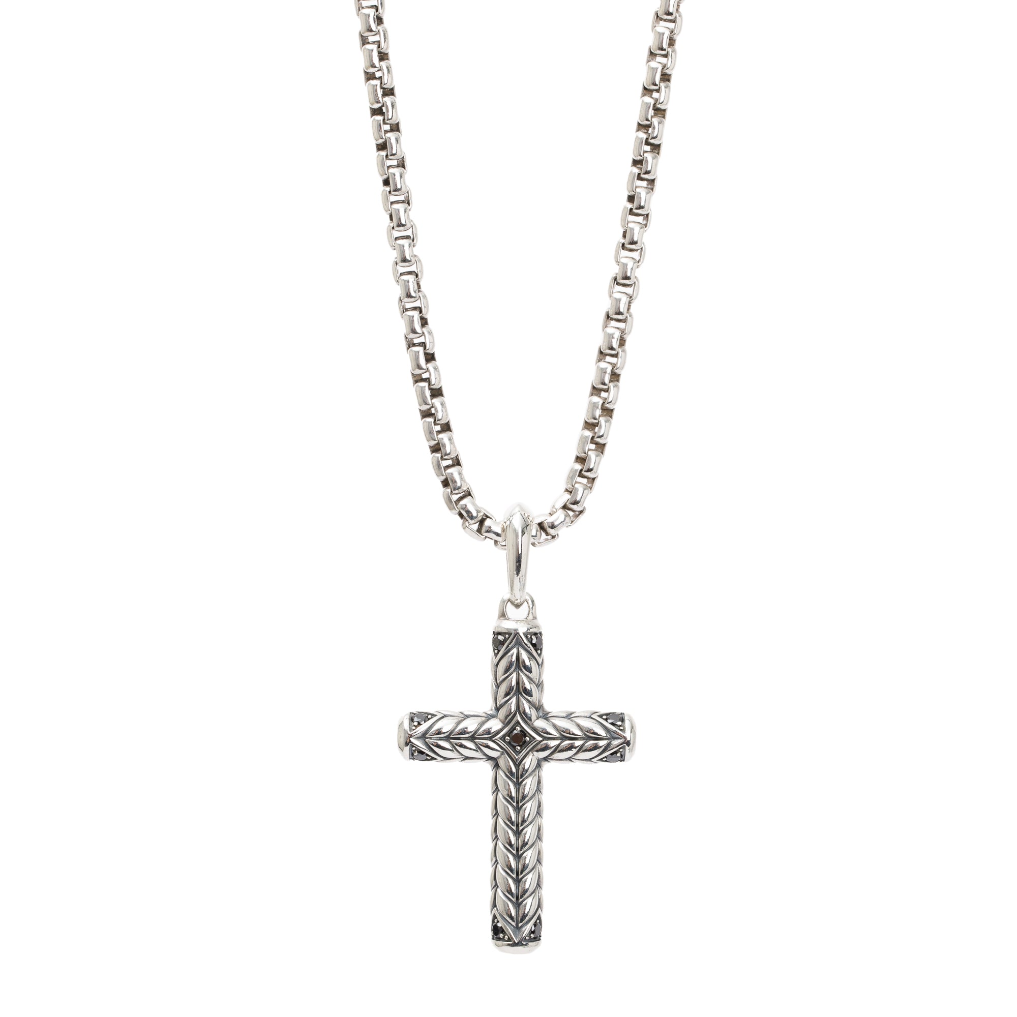David Yurman Sterling Silver Black Diamond Chevron Sculpted Cross Pendant Necklace w/ Box & Receipt