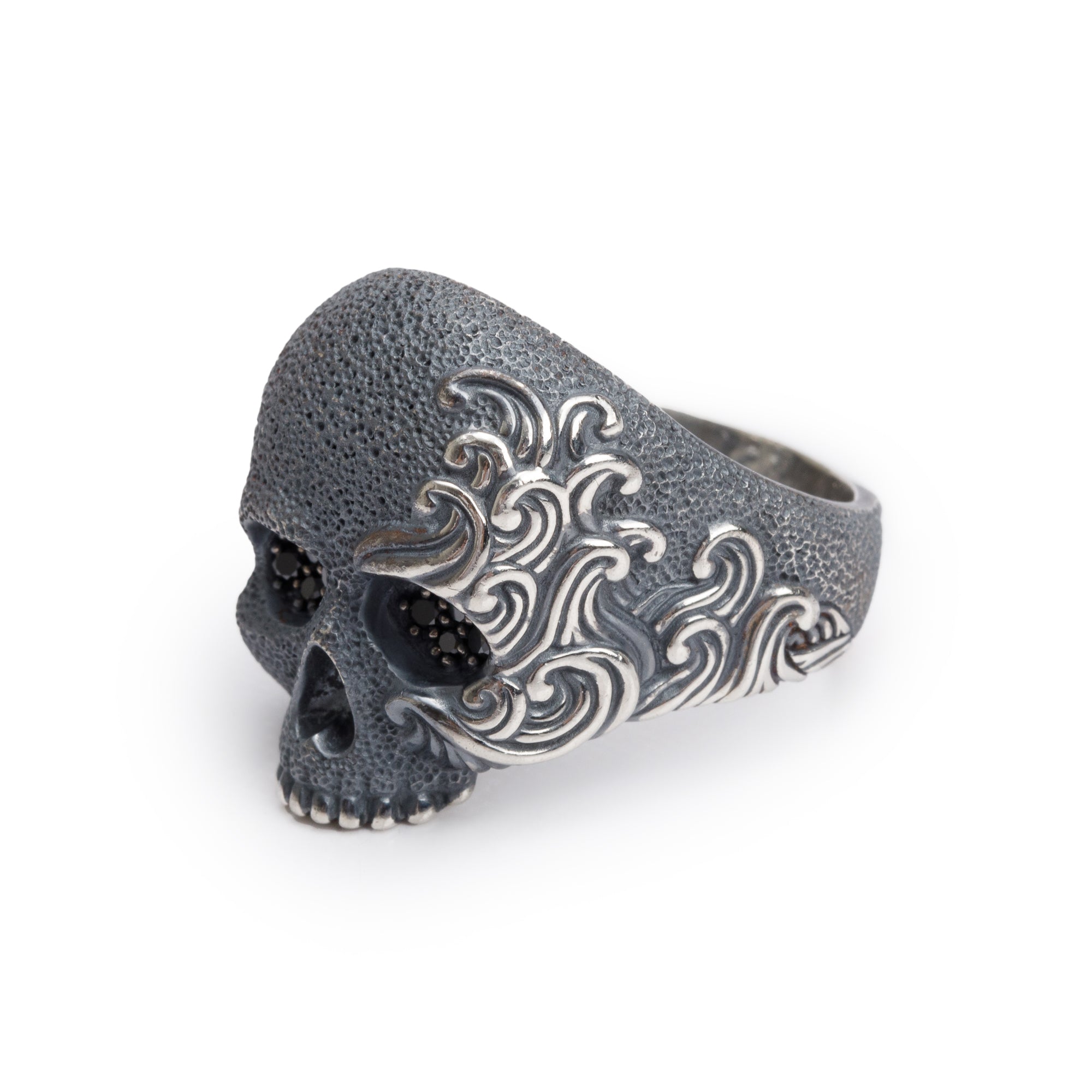 David Yurman Sterling Silver Black Diamond Waves Skull Ring, Size 12.75
