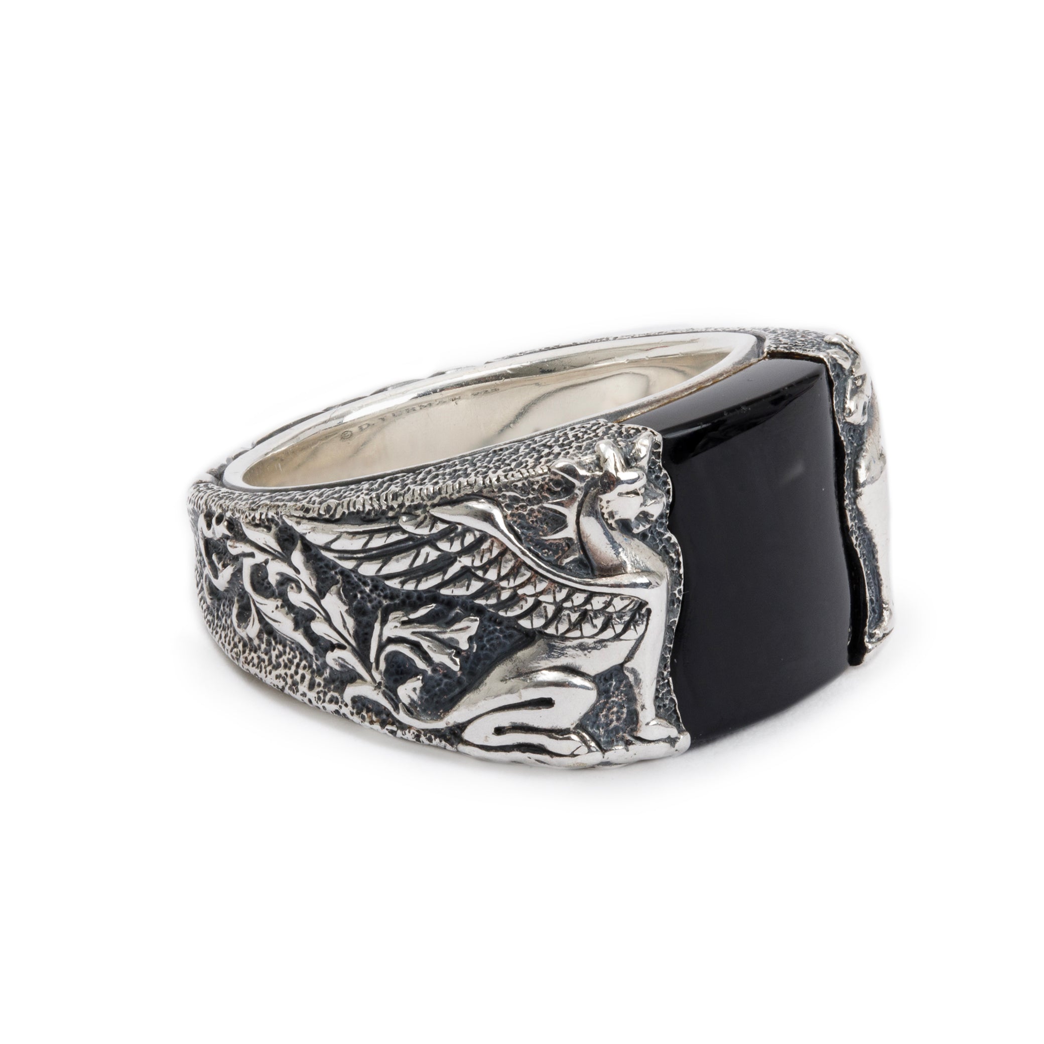 David Yurman Sterling Silver Black Onyx Petrvs Griffin Signet Ring, Size 9.75