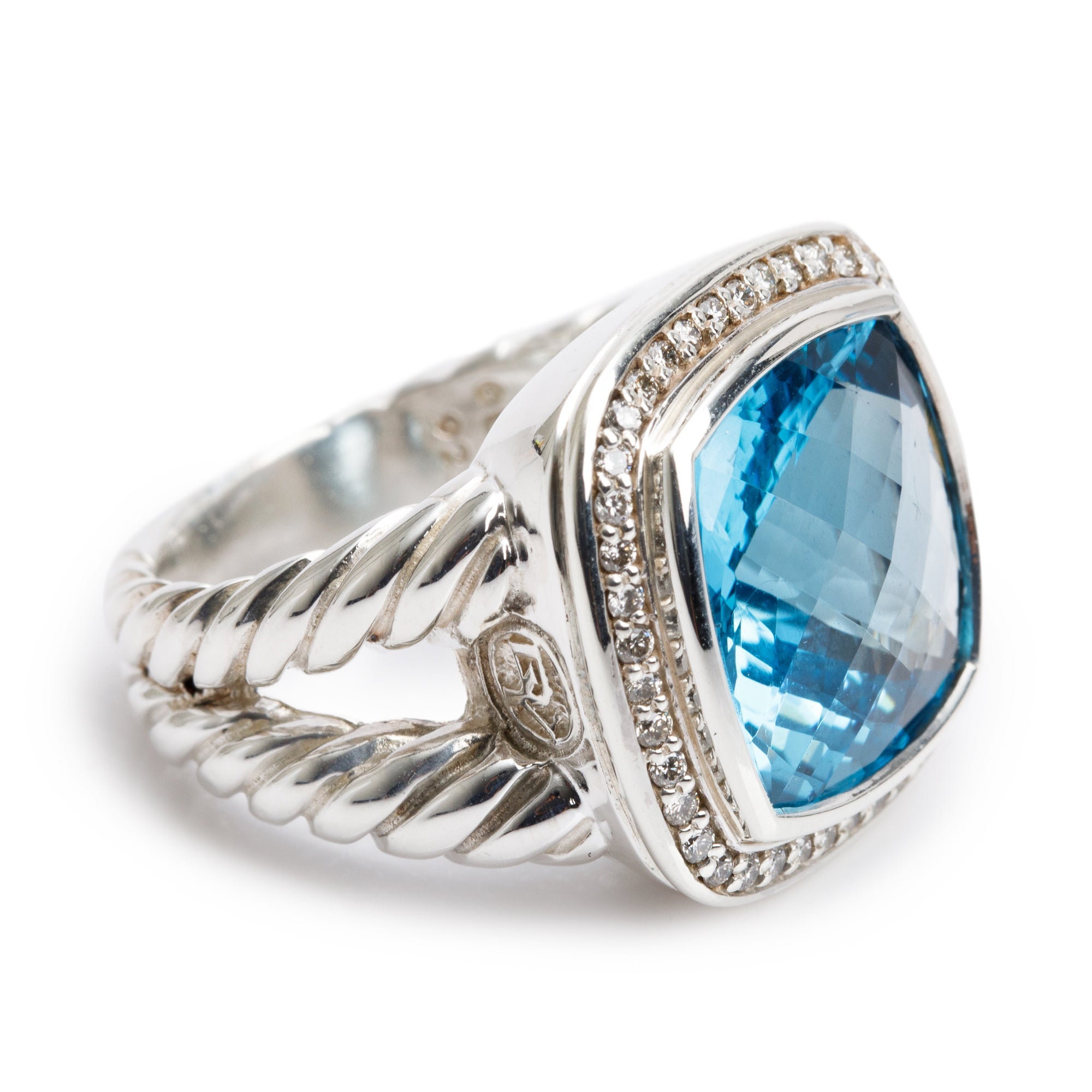David Yurman Sterling Silver Blue Topaz & Diamond Albion Ring, Size 7