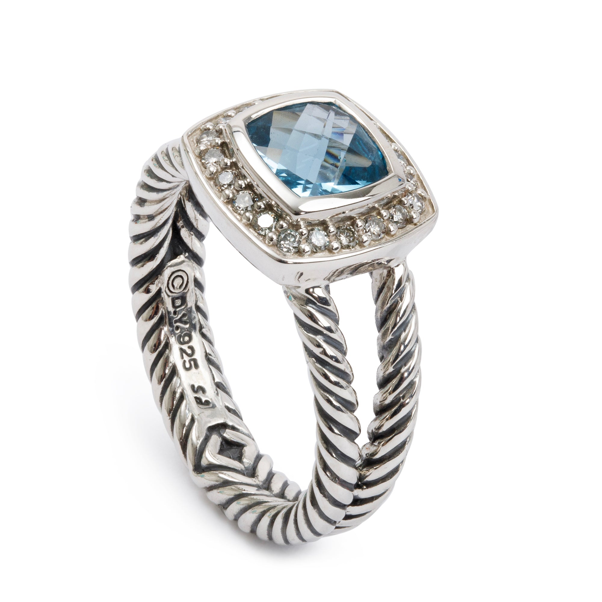 David Yurman Sterling Silver Blue Topaz & Diamond Petite Albion Ring, Size 7.25