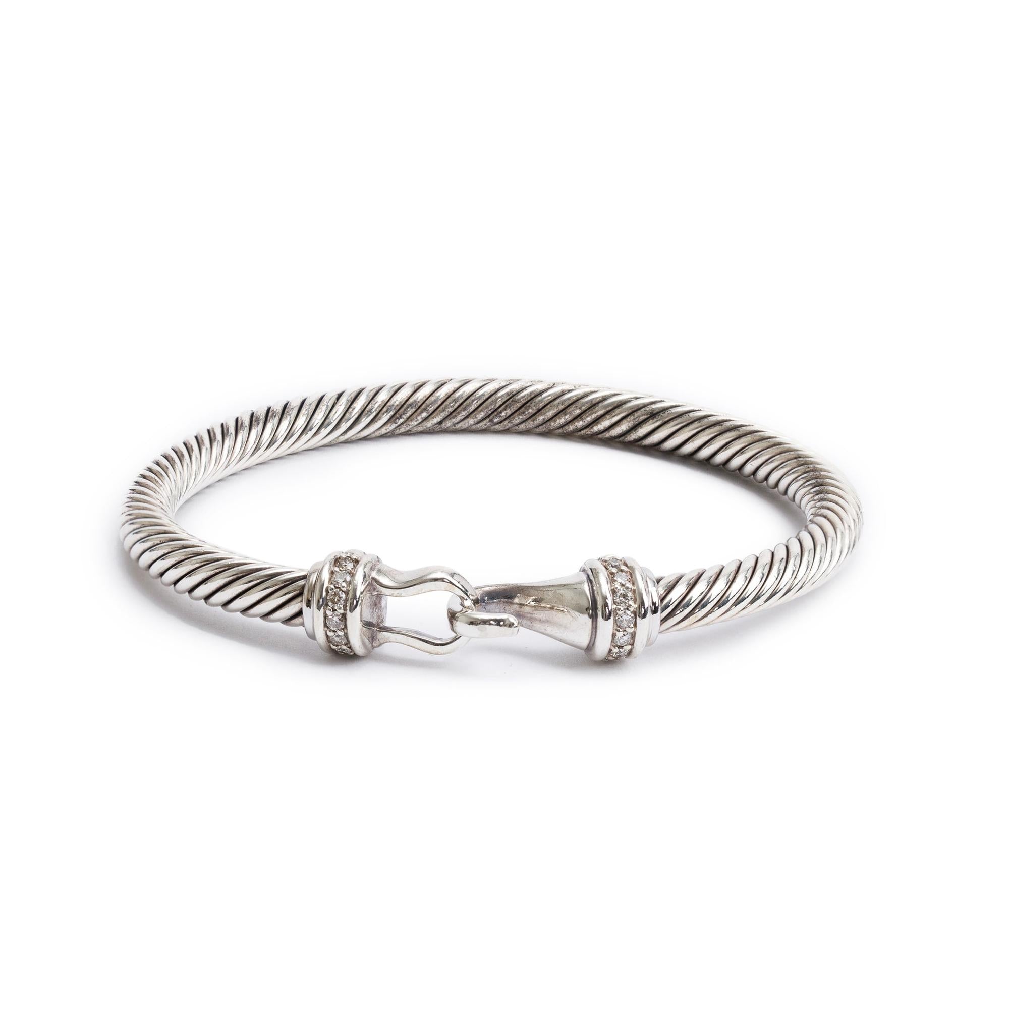 David Yurman Sterling Silver Diamond 5MM Buckle Classic Cable Bracelet