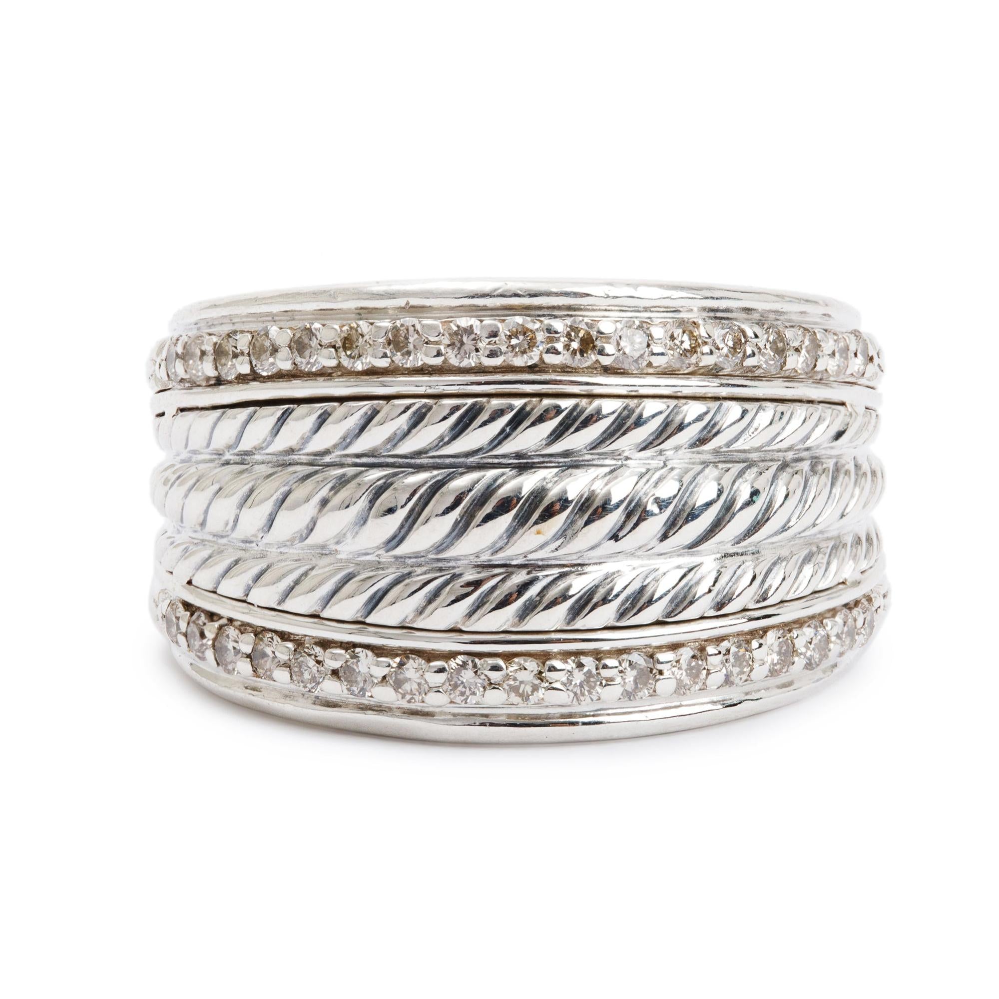 David Yurman Sterling Silver Diamond Cable Band Ring, Size 6
