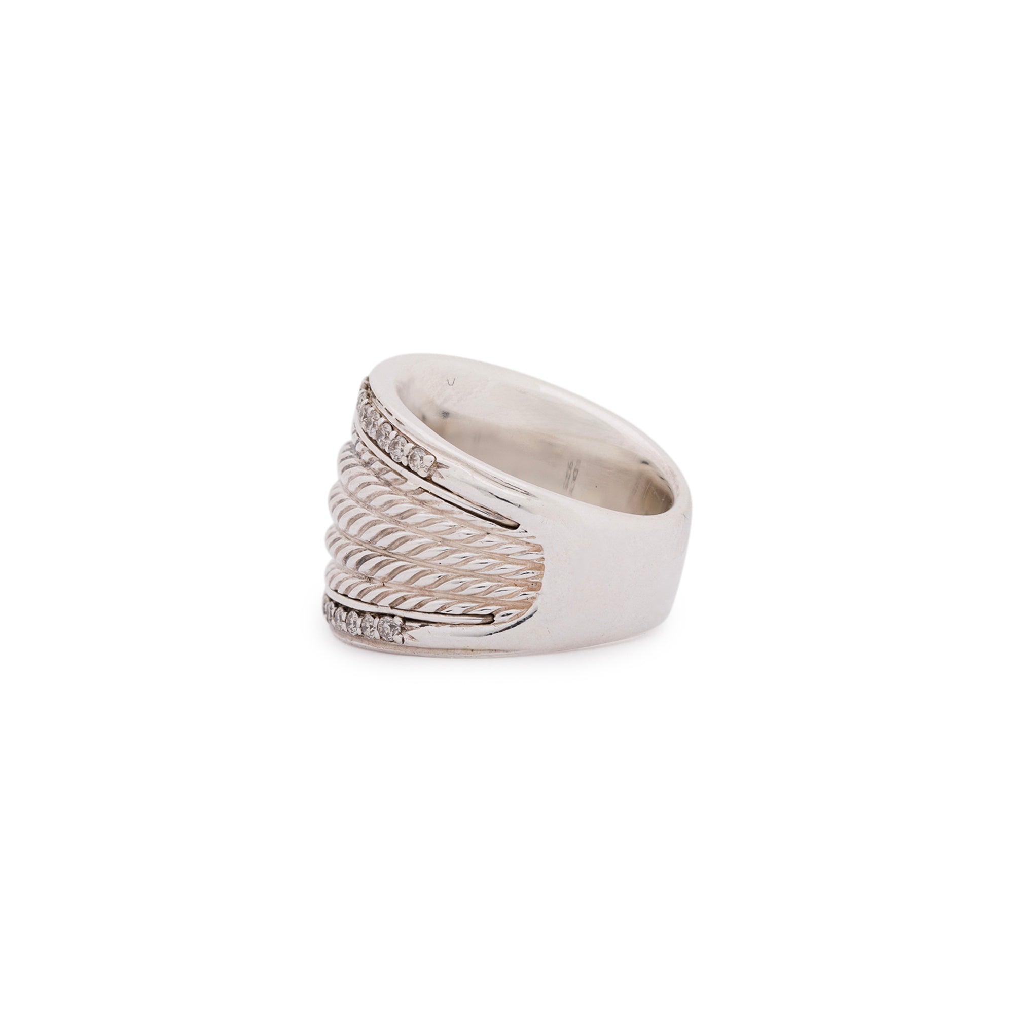 David Yurman Sterling Silver Diamond Cable Cigar Wide Band Ring