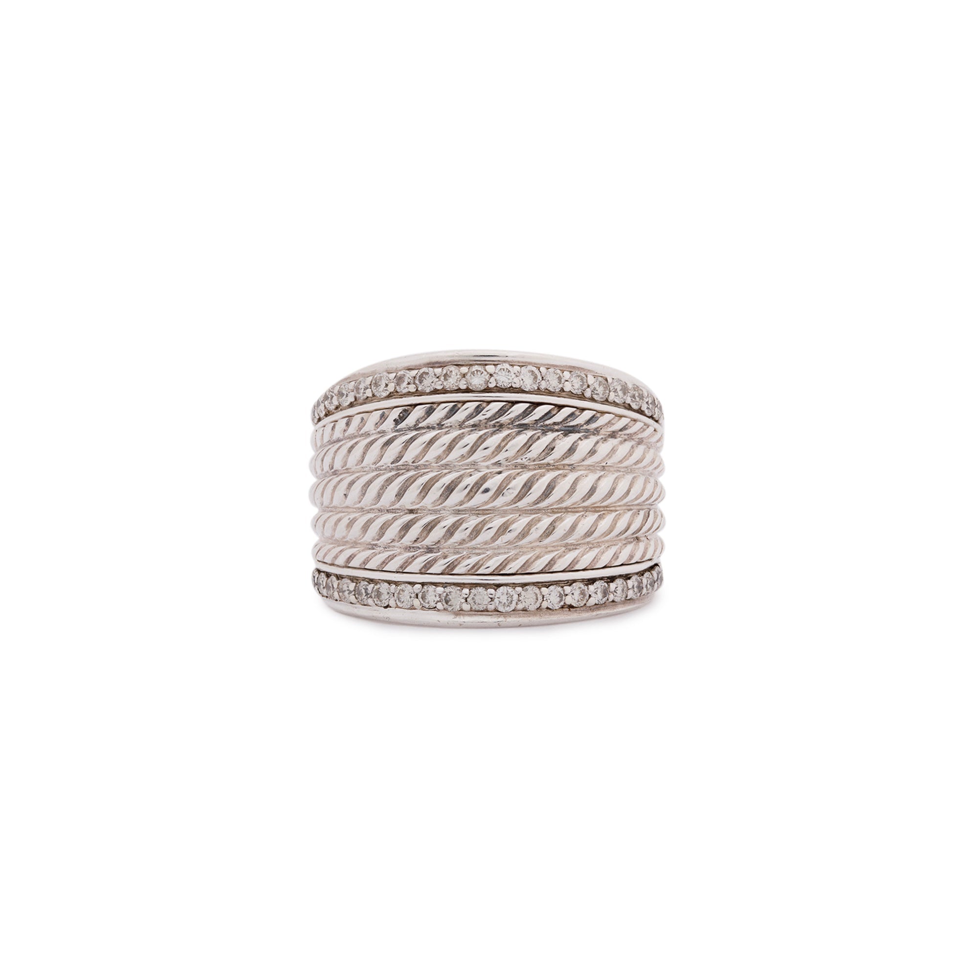 David Yurman Sterling Silver Diamond Cable Cigar Wide Band Ring