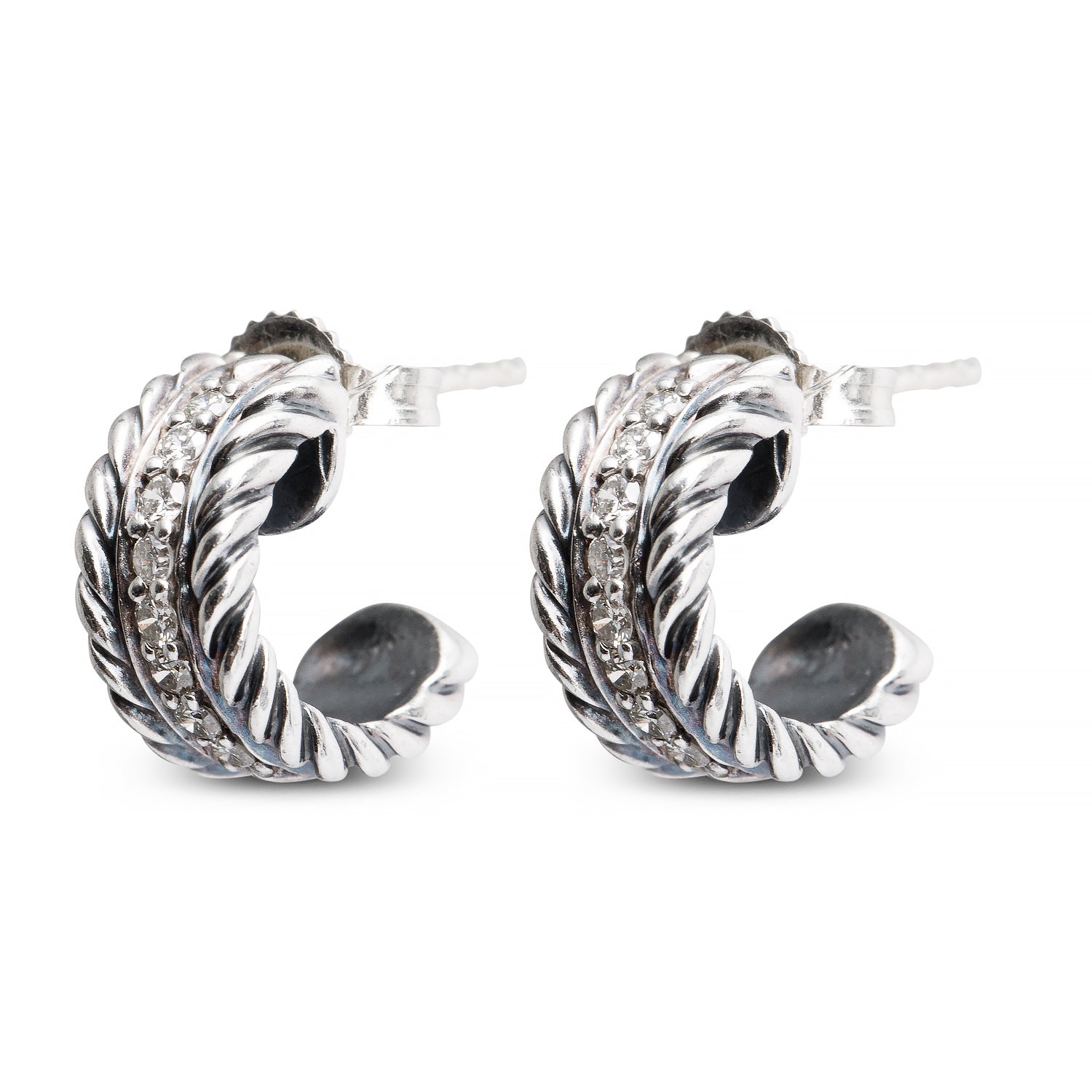 David Yurman Sterling Silver Diamond Cable Collectibles Huggie Hoop Earrings