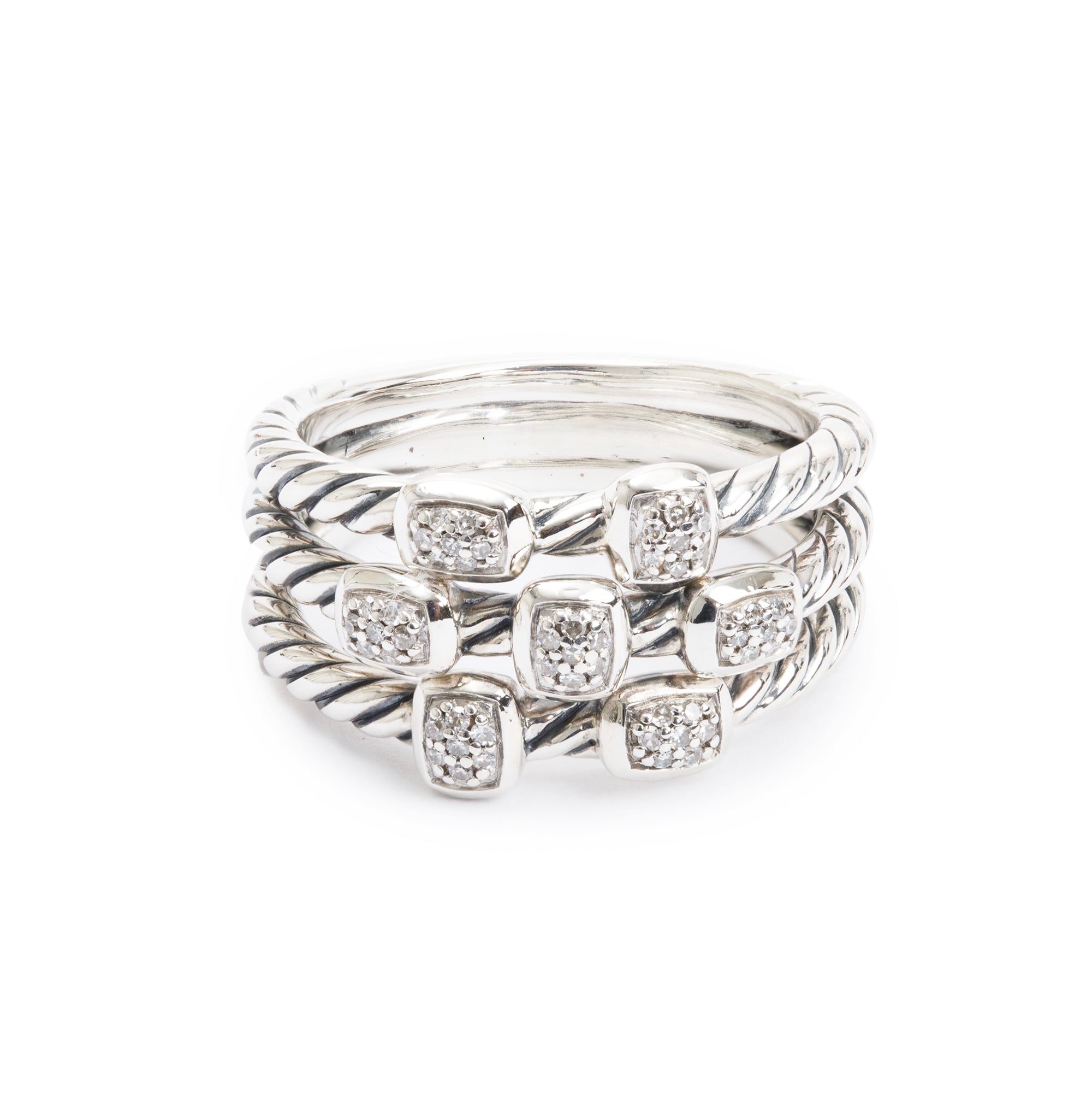 David Yurman Sterling Silver Diamond Confetti Three-Row Ring, Size 8