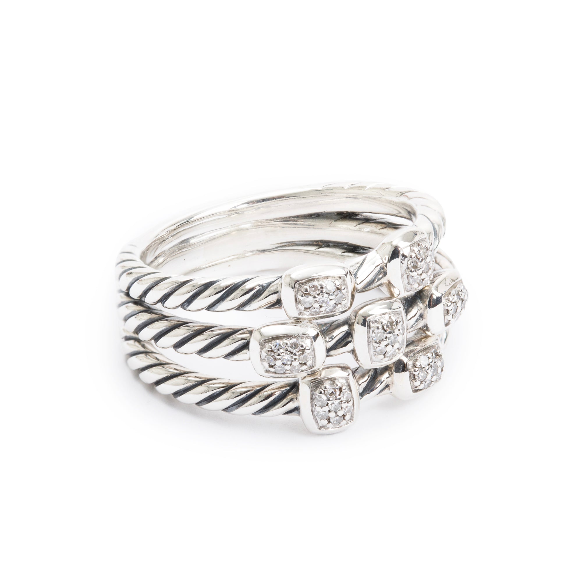 David Yurman Sterling Silver Diamond Confetti Three-Row Ring, Size 8