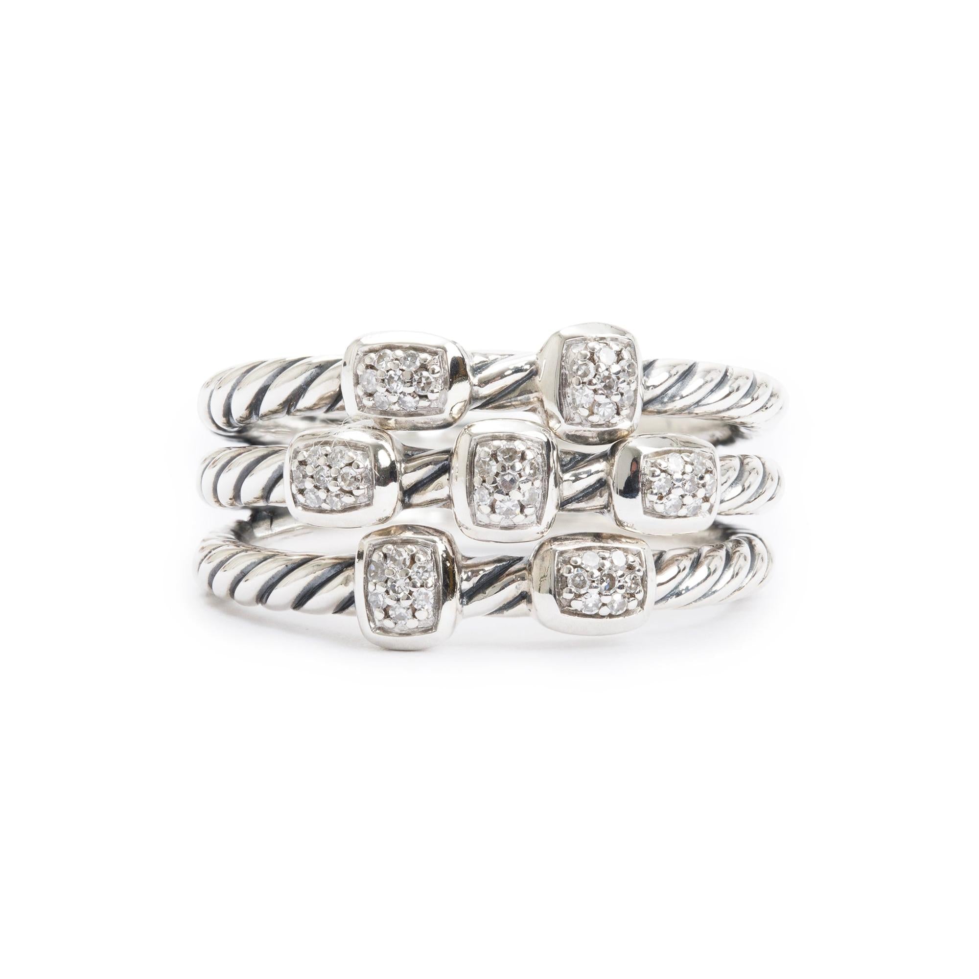 David Yurman Sterling Silver Diamond Confetti Three-Row Ring, Size 8