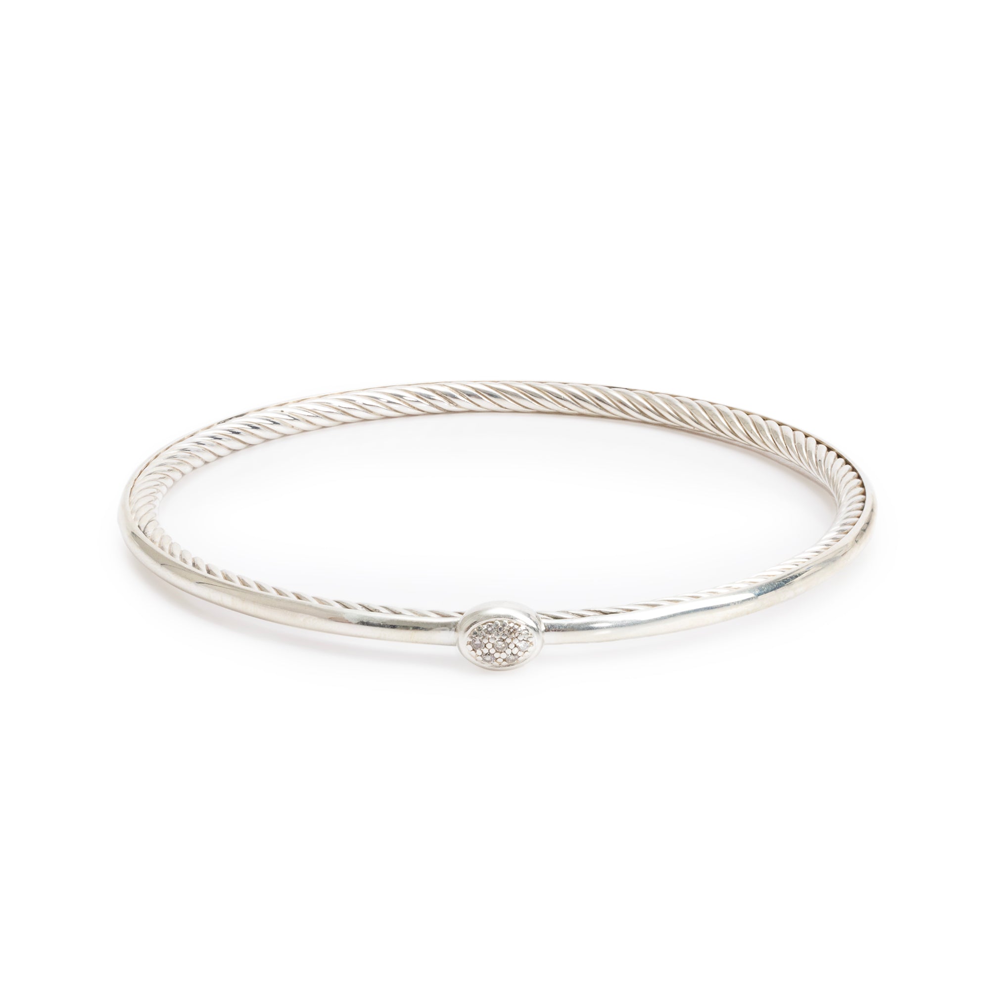 David Yurman Sterling Silver Diamond Oval Station 3 MM Cable Bangle Bracelet