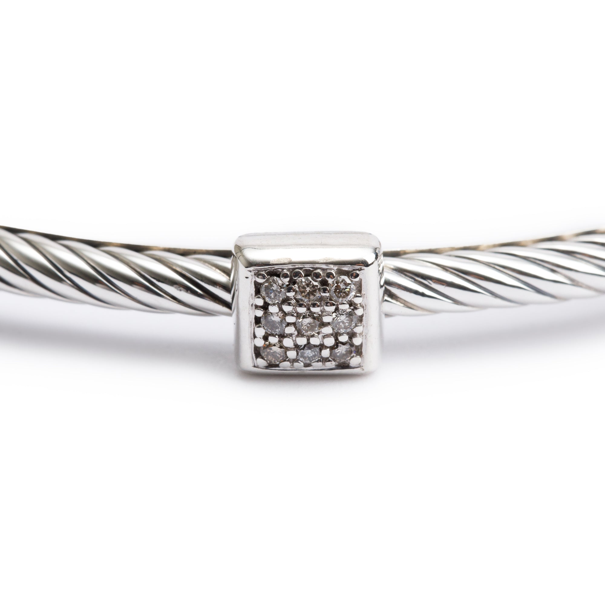 David Yurman Sterling Silver Diamond Square Station 3 MM Cable Bangle Bracelet