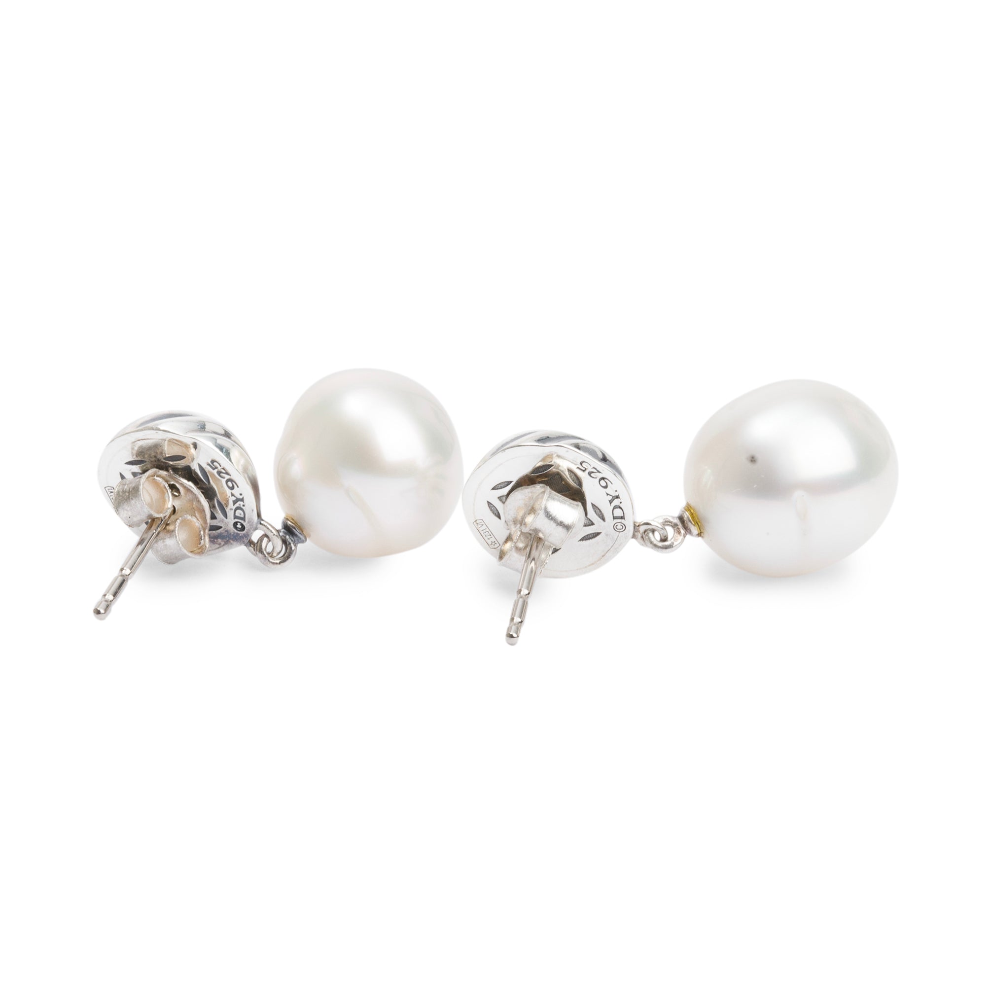 David Yurman Sterling Silver Element Pearl Cable Drop Earrings