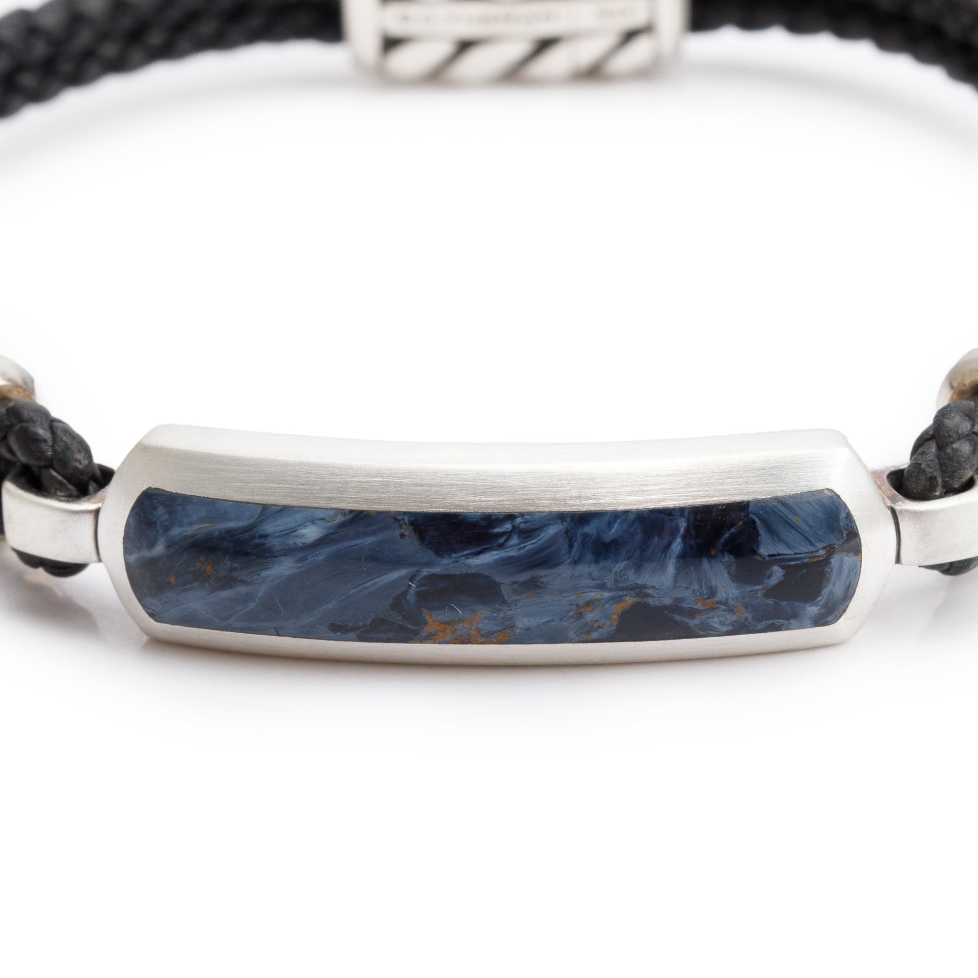 David Yurman Sterling Silver Exotic Stone Bar Station Leather Bracelet with Pietersite