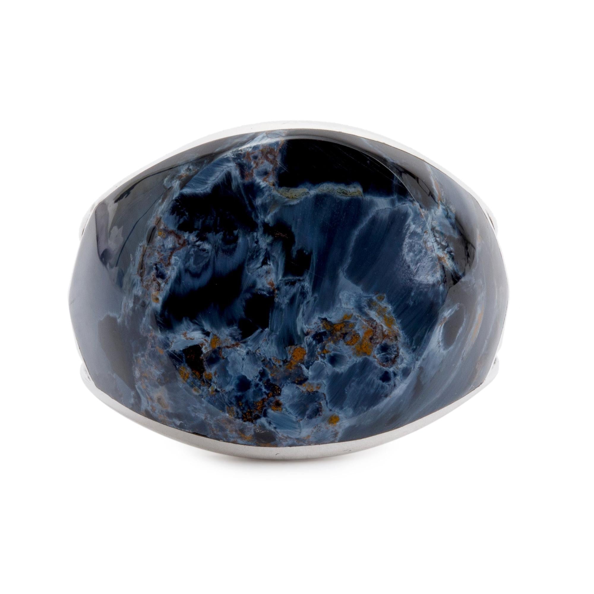 David Yurman Sterling Silver Exotic Stone Signet Ring with Pietersite, Size 8