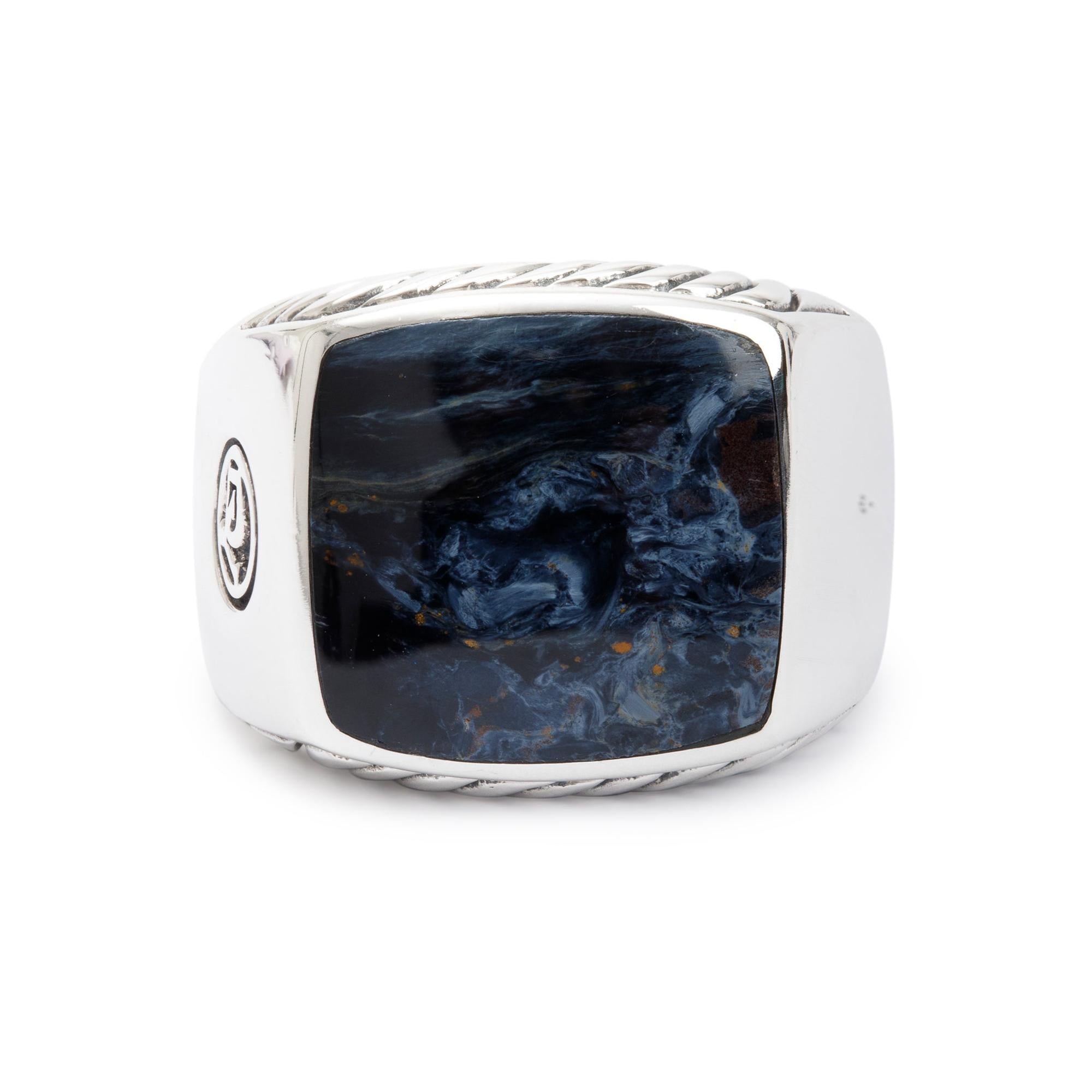 David Yurman Sterling Silver Exotic Stone Signet Ring with Pietersite, Size 8.75