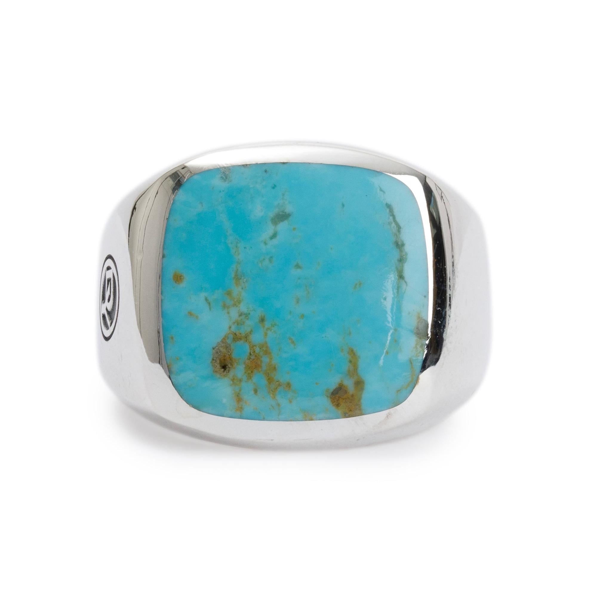 David Yurman Sterling Silver Exotic Stone Signet Ring with Turquoise, Size 9