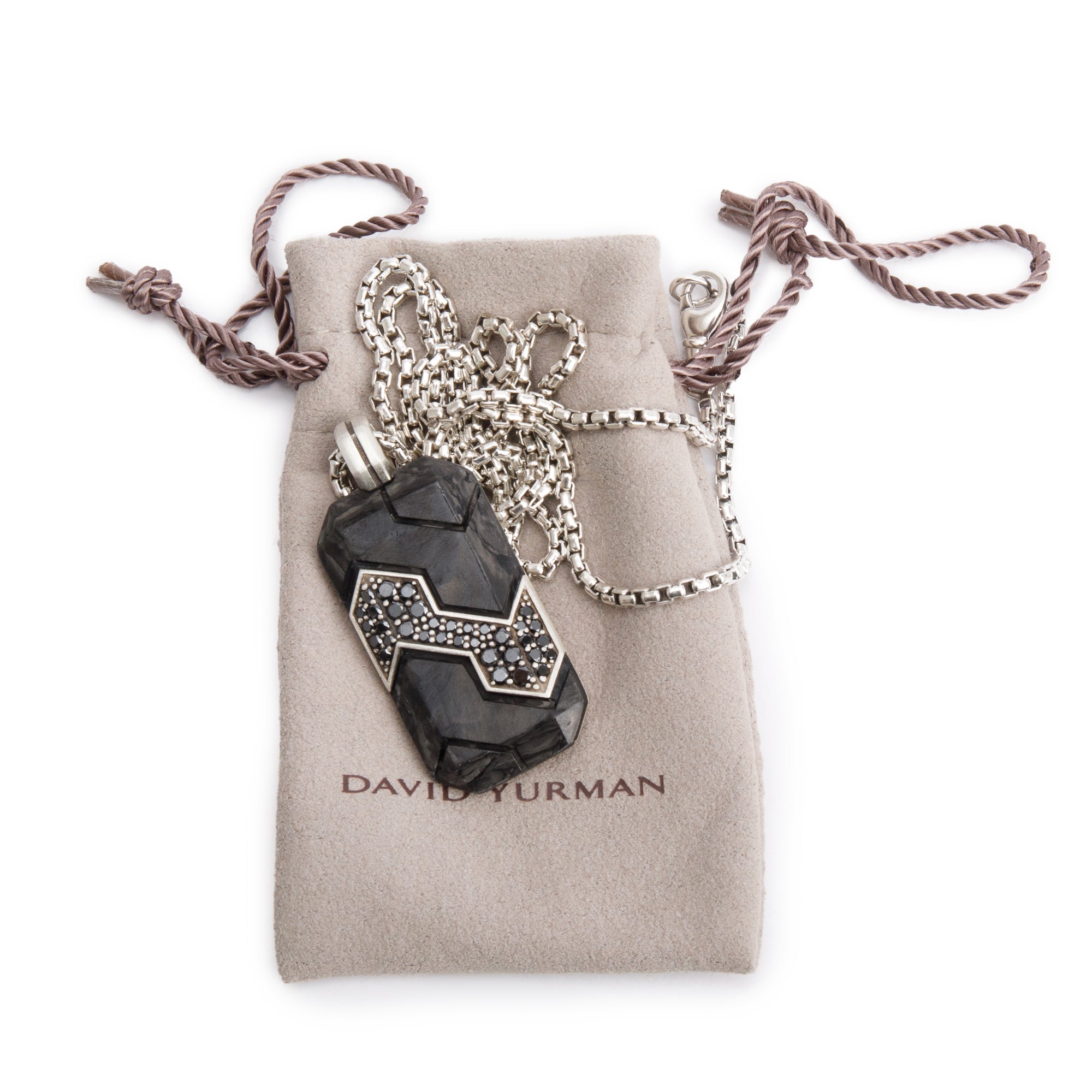 David Yurman Sterling Silver Forged Carbon Black Diamond Tag Pendant Necklace