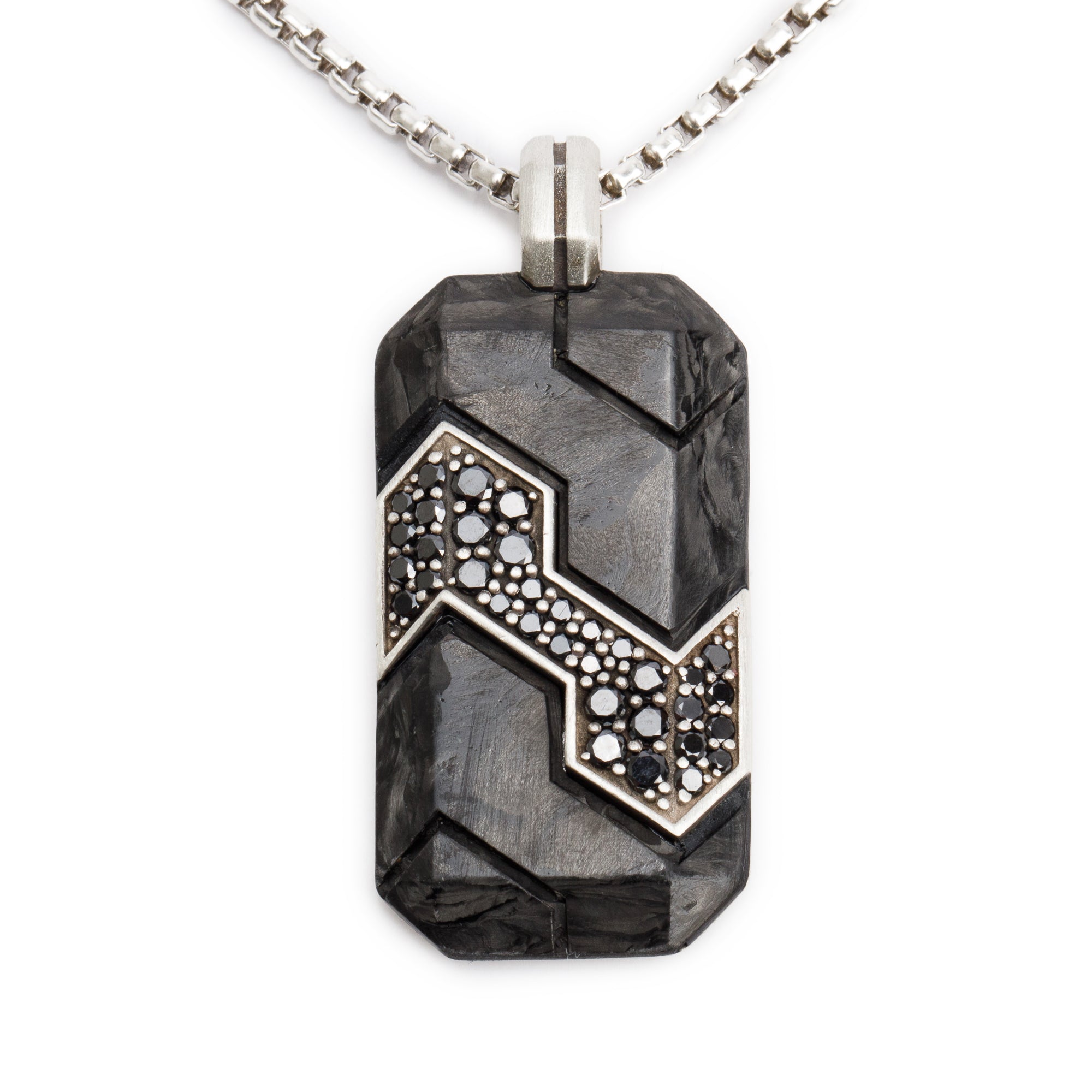 David Yurman Sterling Silver Forged Carbon Black Diamond Tag Pendant Necklace