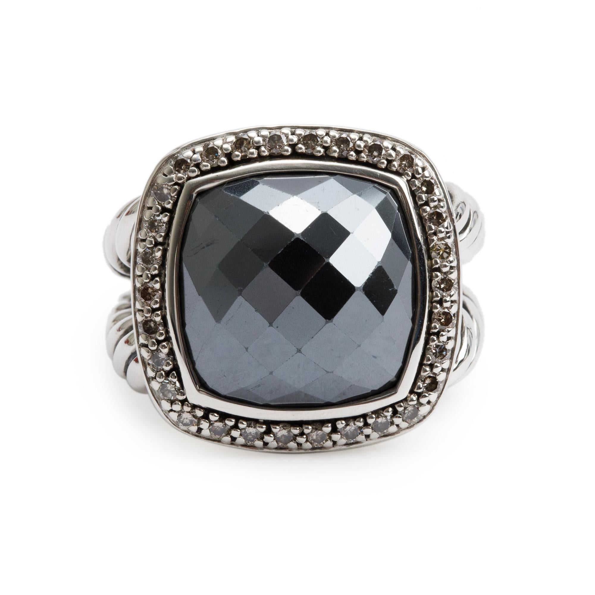 David Yurman Sterling Silver Hematite & Diamond 14 MM Albion Ring, Size 7.25