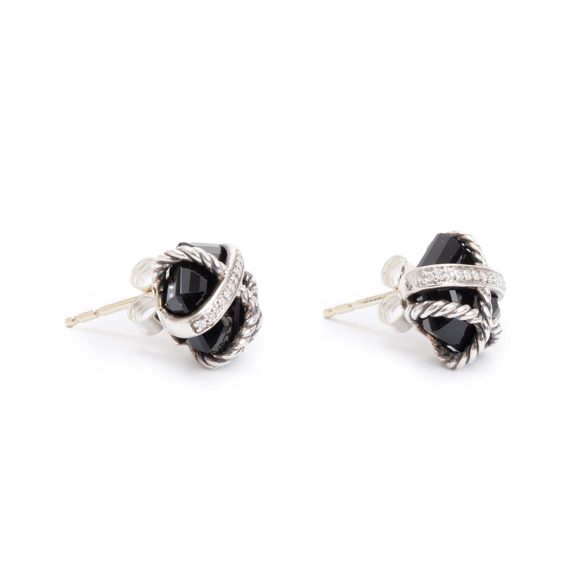 David Yurman Sterling Silver Onyx & Diamond Cable Wrap 11 MM Stud Earrings