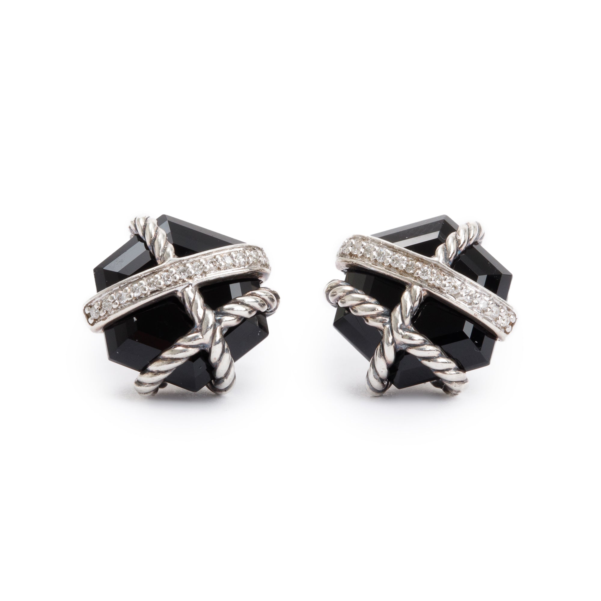 David Yurman Sterling Silver Onyx & Diamond Cable Wrap 11 MM Stud Earrings
