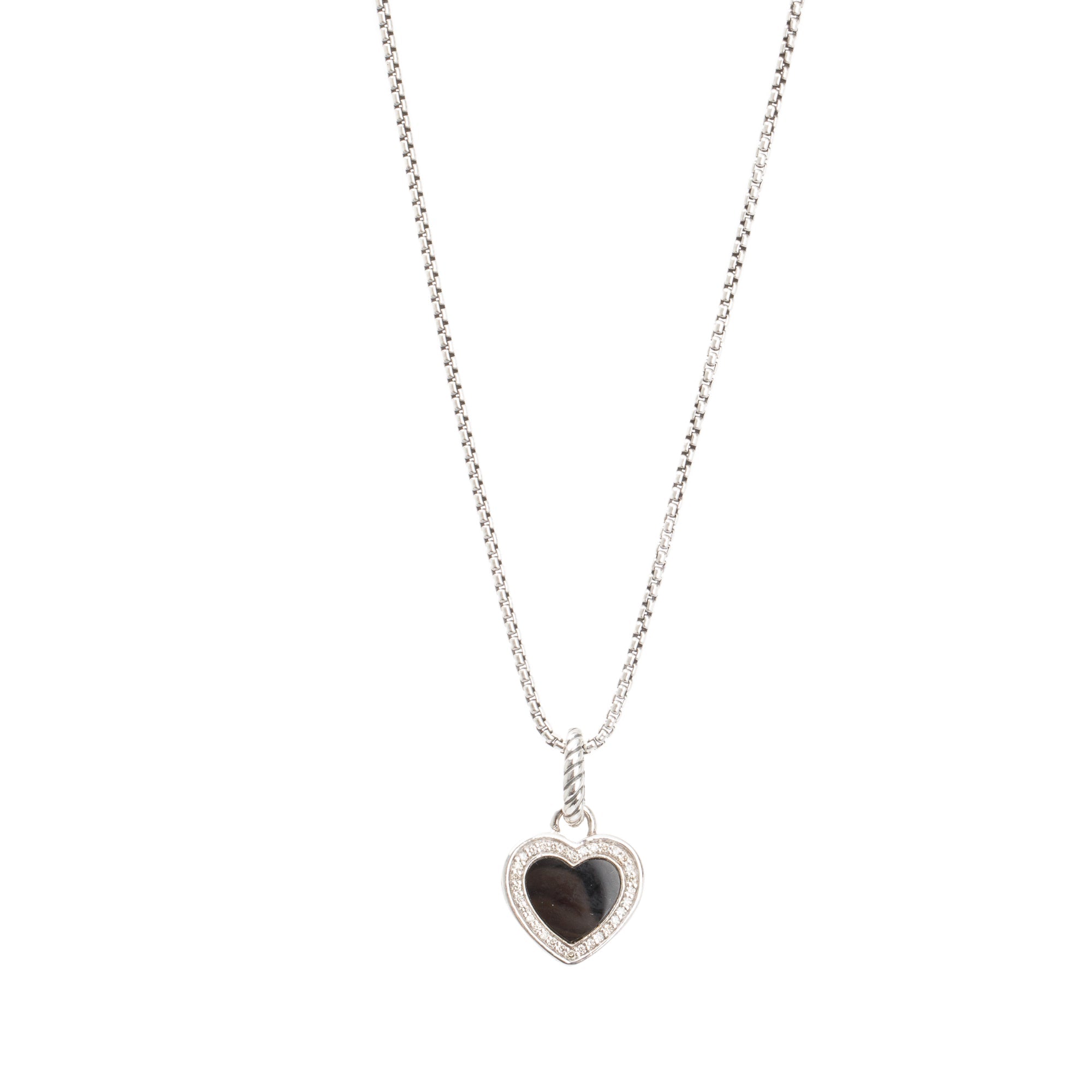 David Yurman Sterling Silver Onyx & Diamond Heart Pendant Necklace