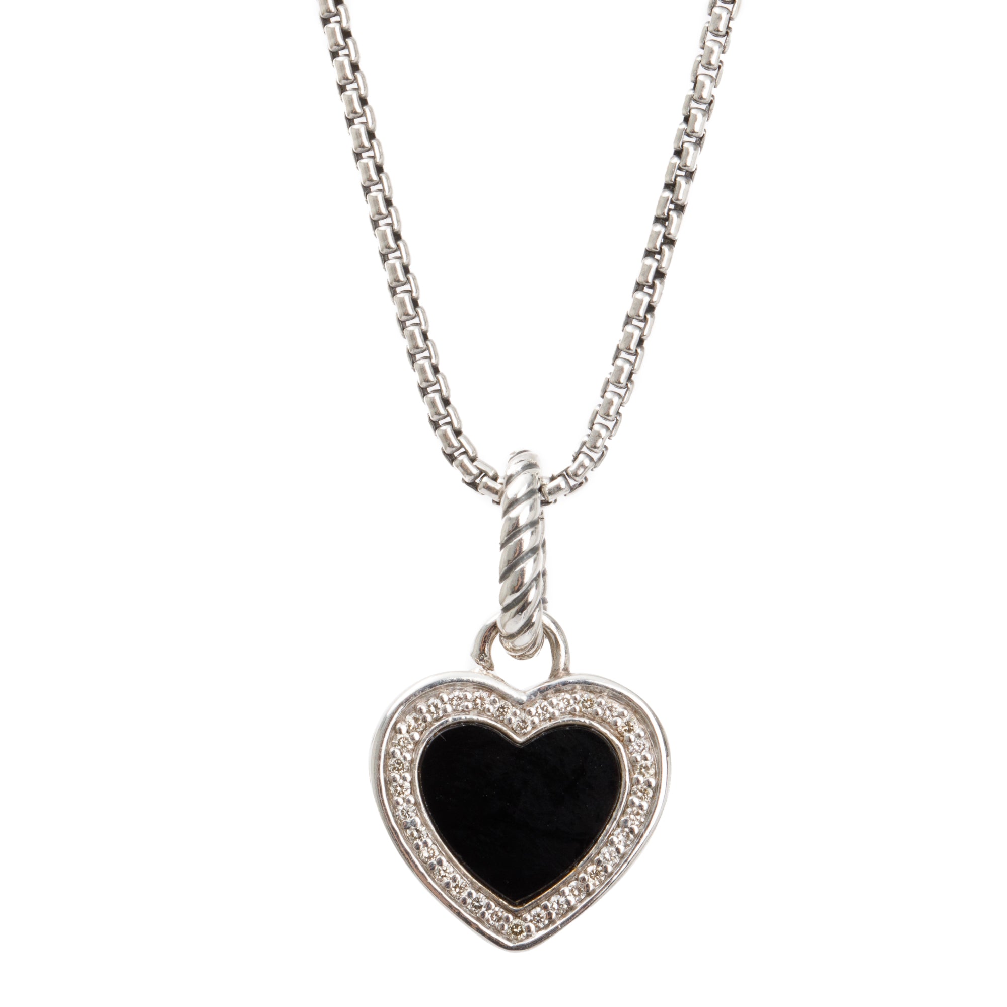 David Yurman Sterling Silver Onyx & Diamond Heart Pendant Necklace