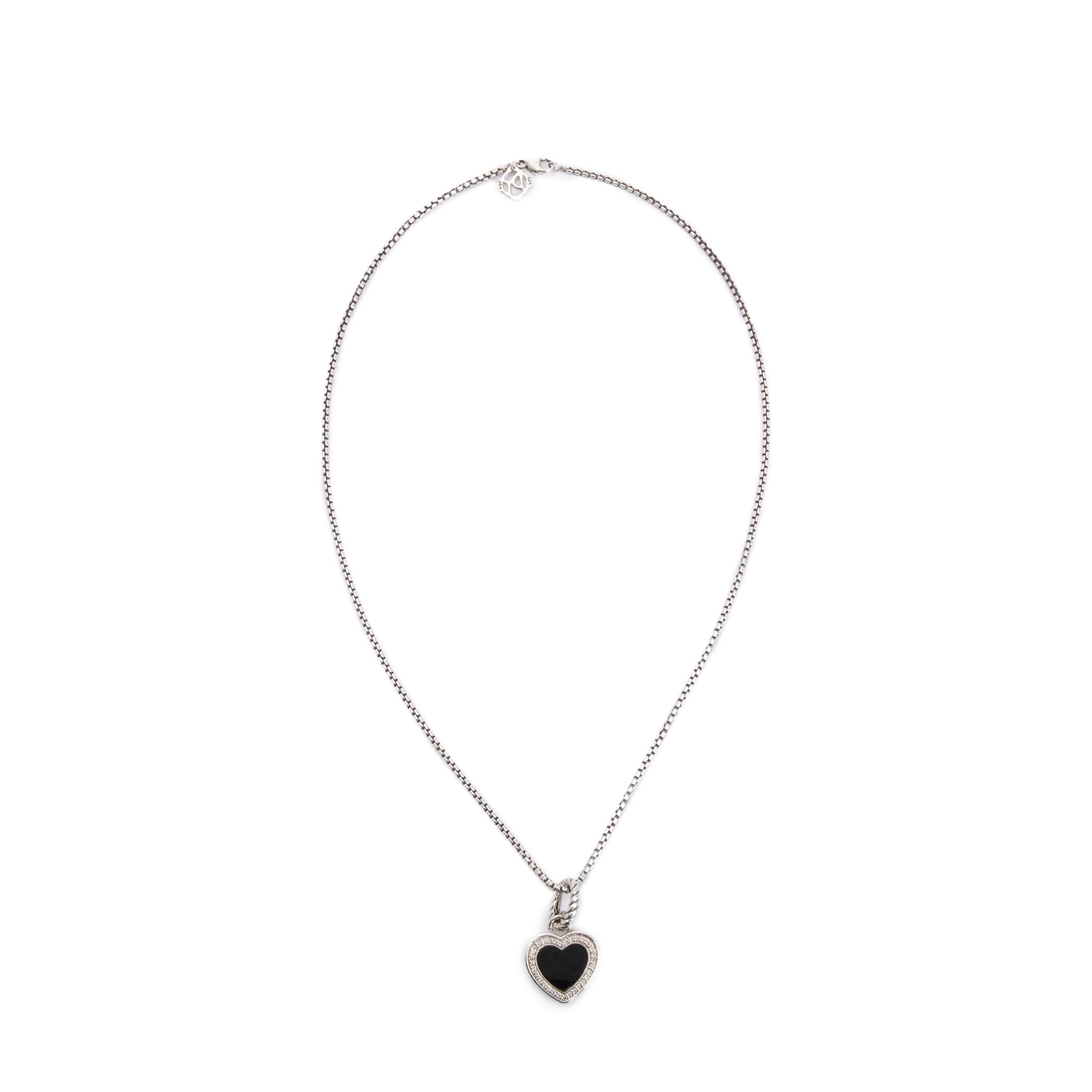 David Yurman Sterling Silver Onyx & Diamond Heart Pendant Necklace