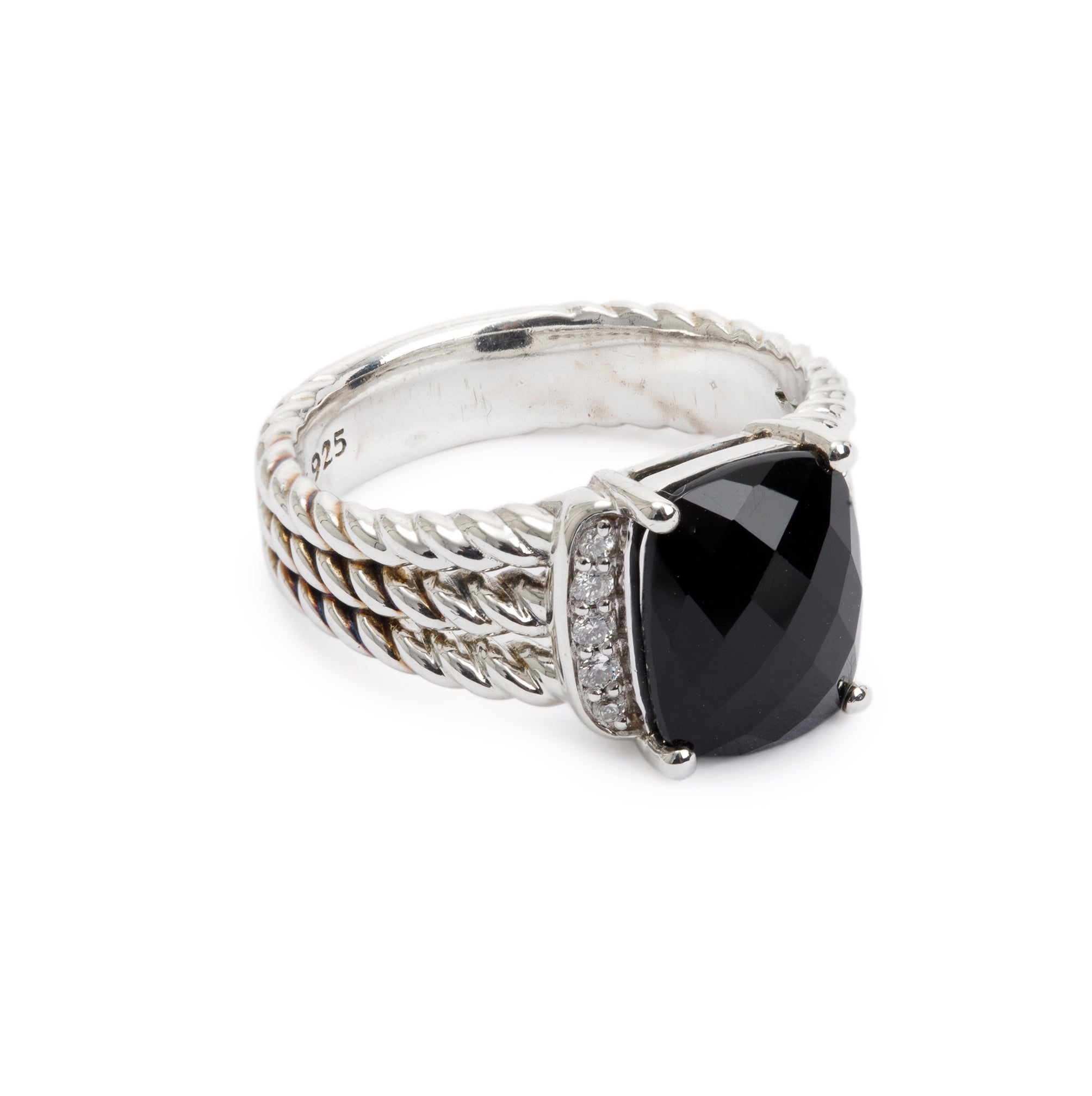 David Yurman Sterling Silver Onyx & Diamond Petite Wheaton Ring, Size 5.75