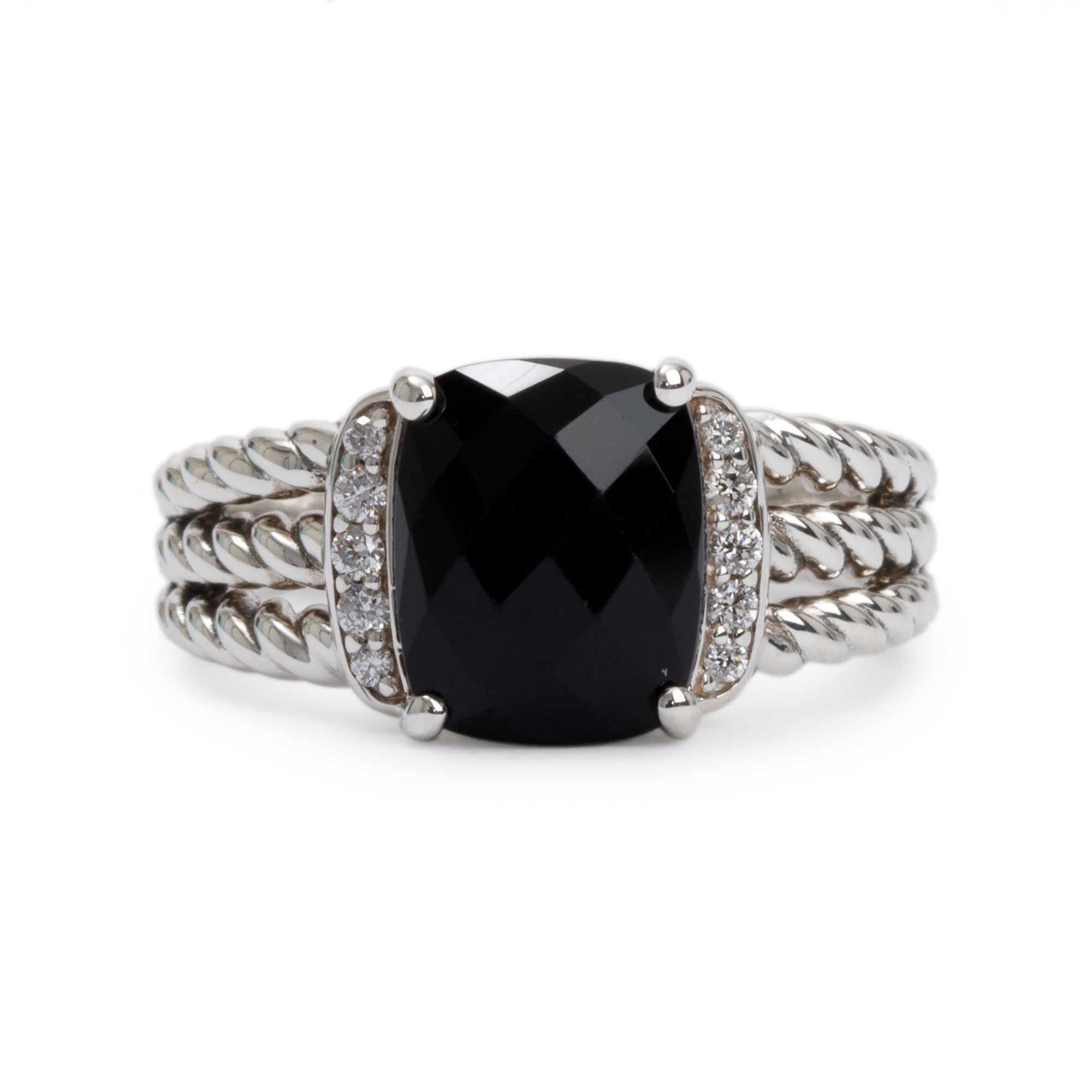 David Yurman Sterling Silver Onyx & Diamond Petite Wheaton Ring, Size 6.5