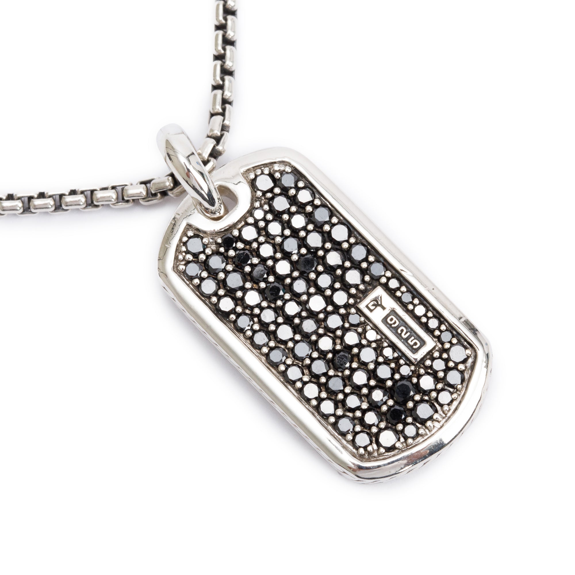 David Yurman Sterling Silver Pave Black Diamond 35MM Tag Pendant Necklace w/ Box