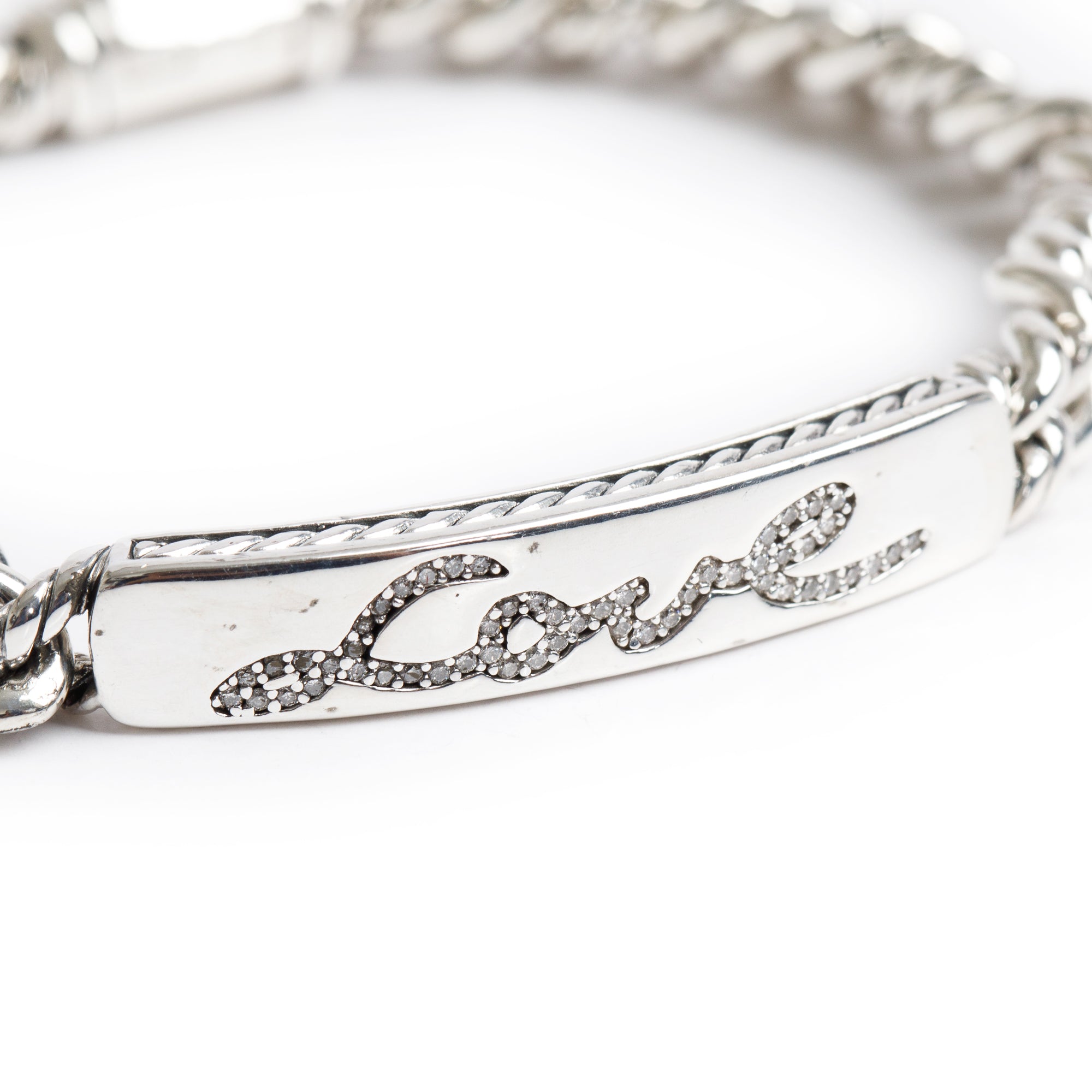 David Yurman Sterling Silver Pave Diamond Curb Link 'Love' ID Bracelet