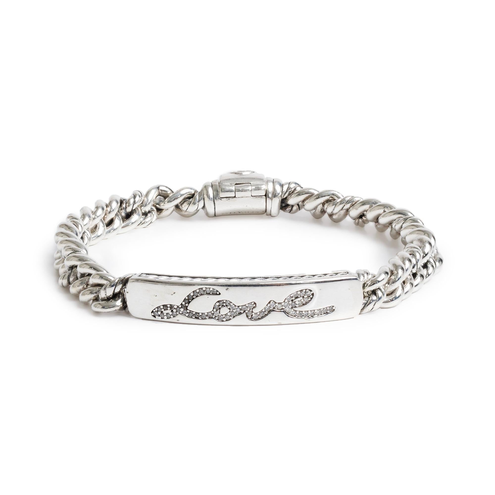 David Yurman Sterling Silver Pave Diamond Curb Link 'Love' ID Bracelet