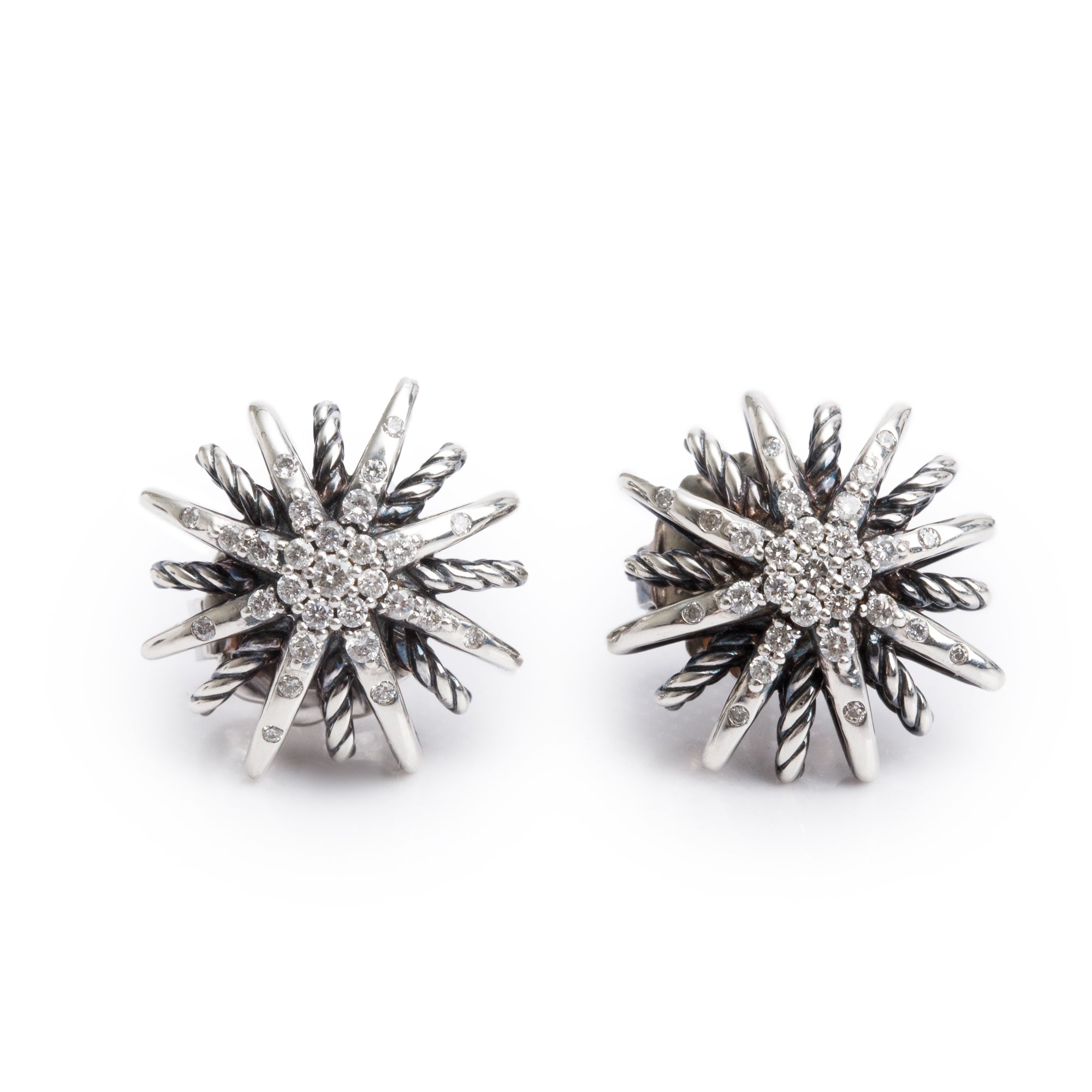 David Yurman Sterling Silver Pave Diamond Starburst Stud Earrings w/ Box