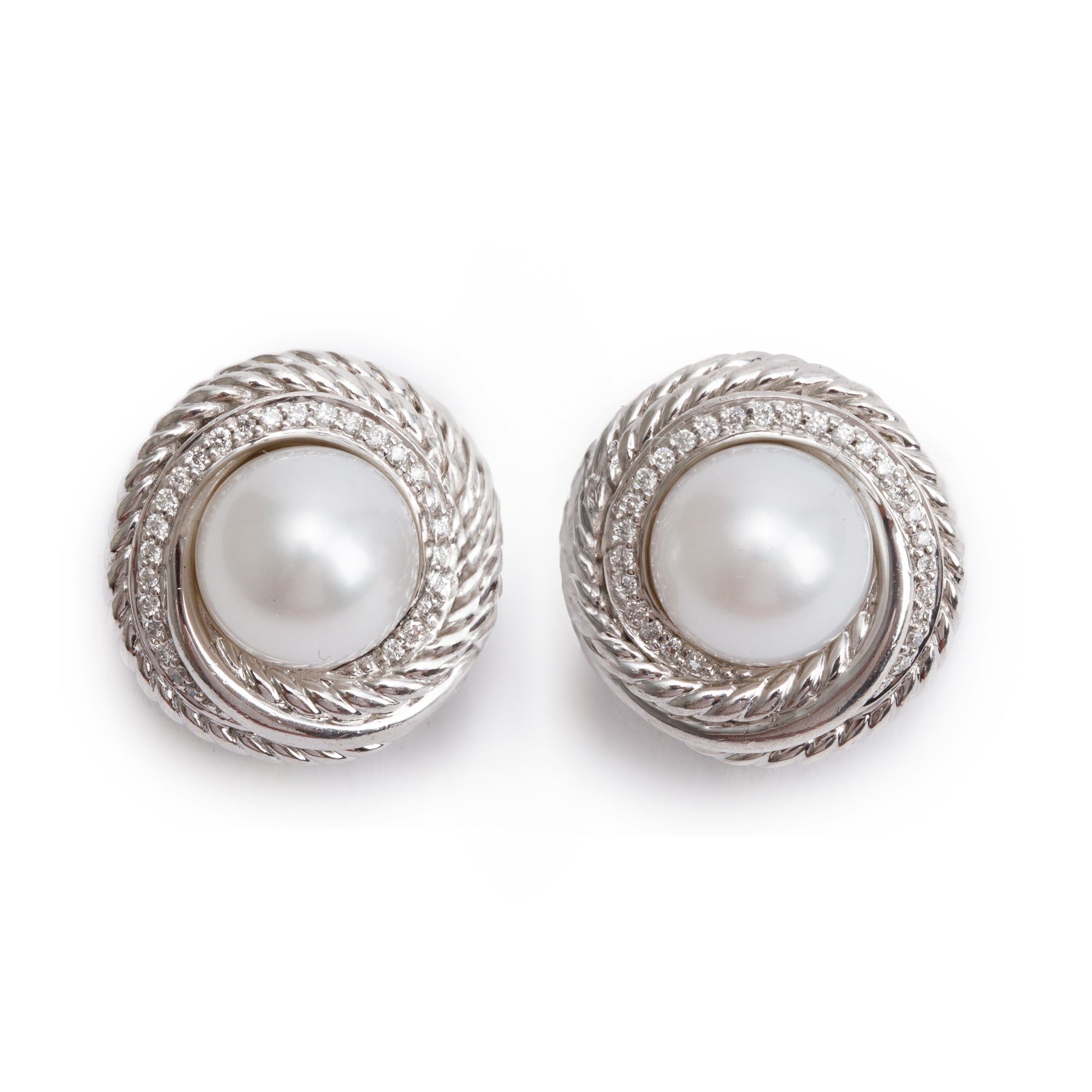 David Yurman Sterling Silver Pearl & Diamond Crossover Earrings