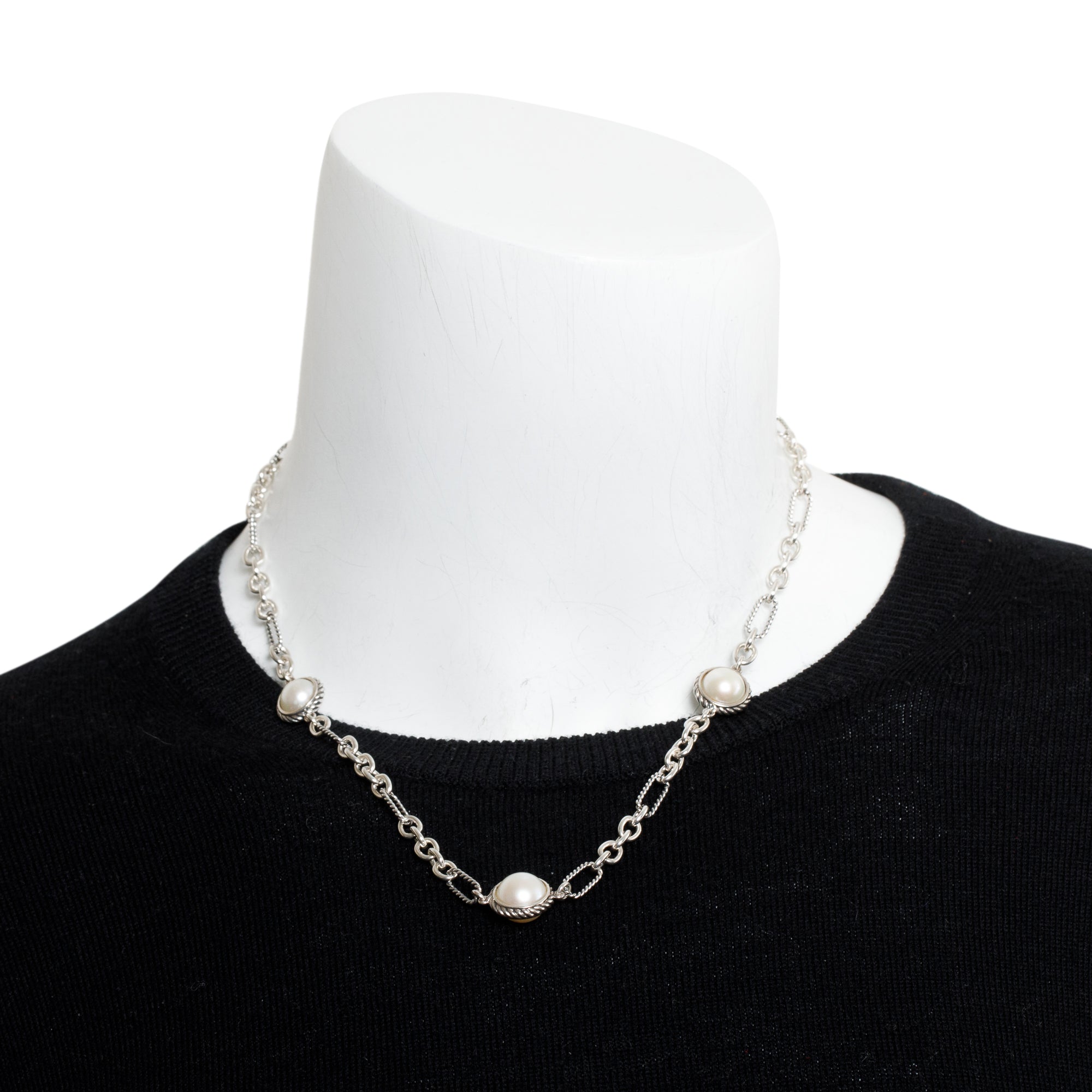 David Yurman Sterling Silver Pearl Figaro Chain Necklace
