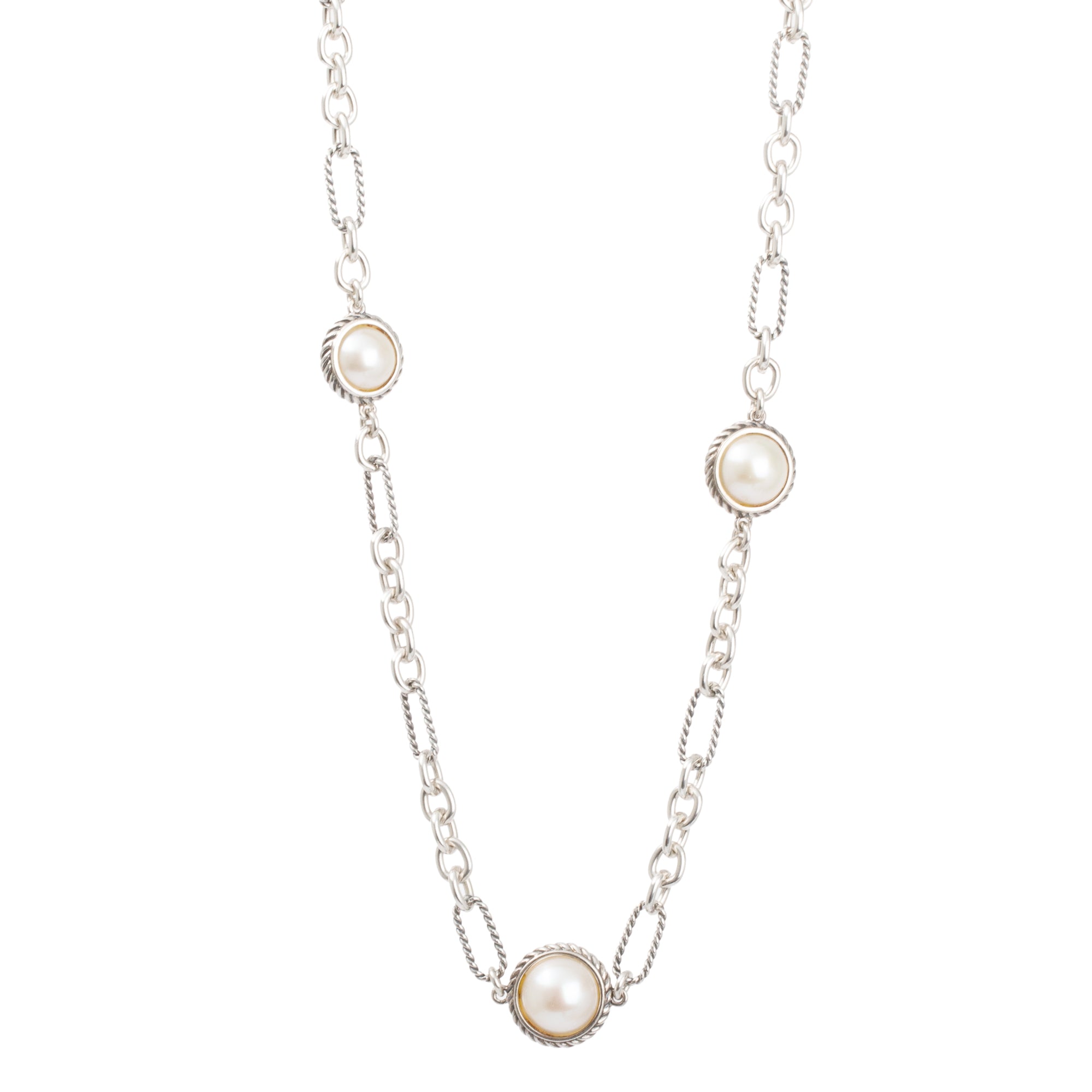 David Yurman Sterling Silver Pearl Figaro Chain Necklace