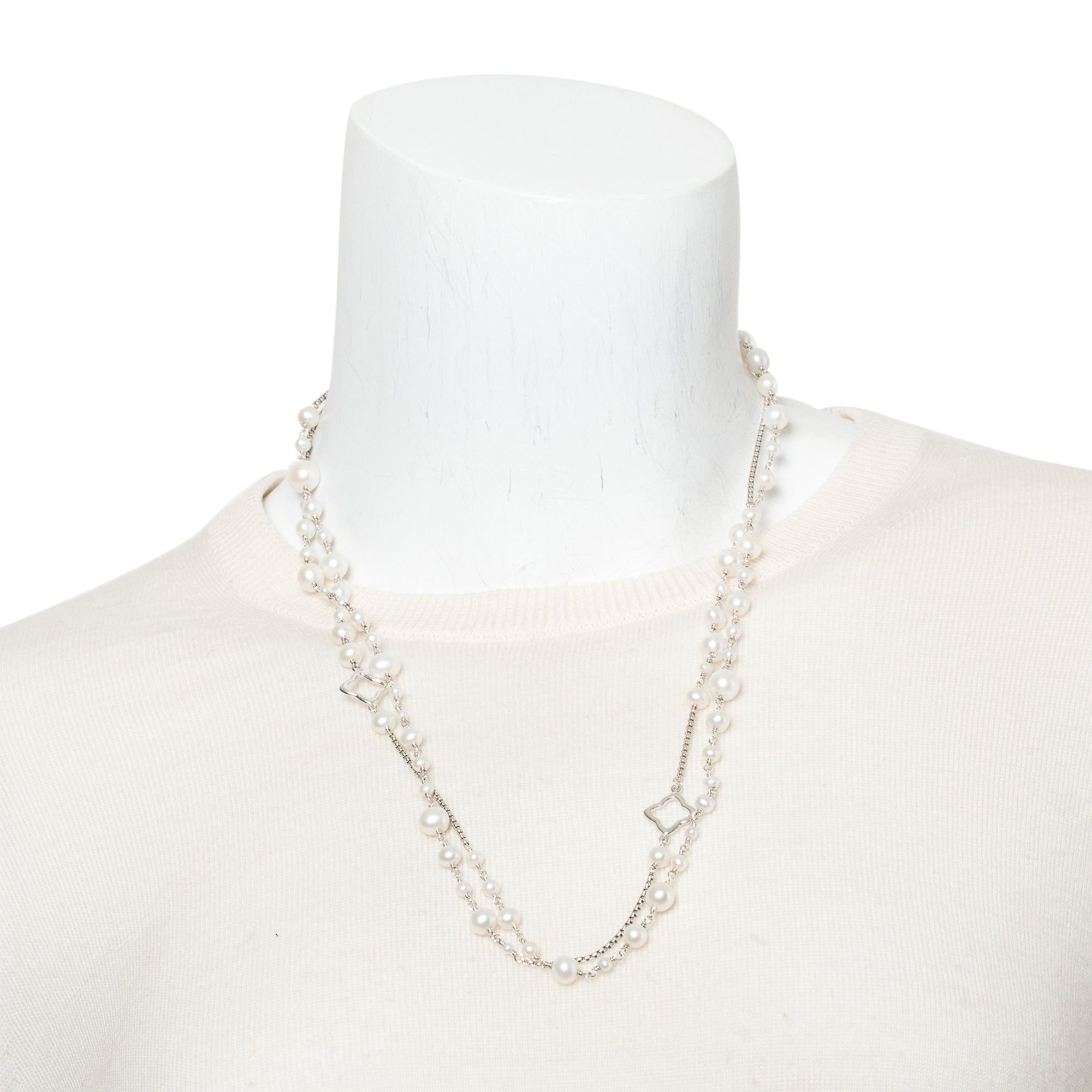 David Yurman Sterling Silver Pearl Quatrefoil Station Long Necklace