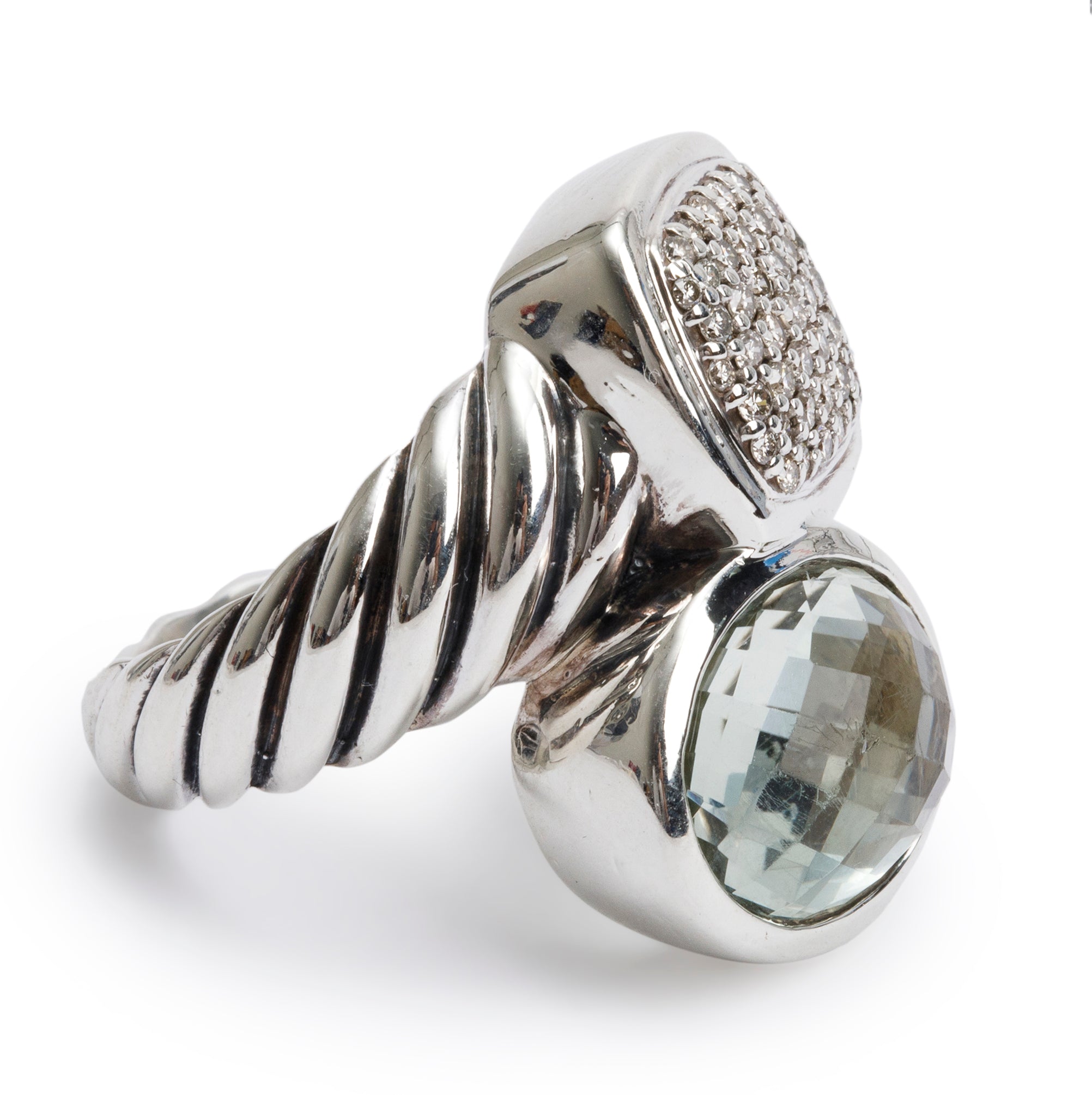 David Yurman Sterling Silver Prasiolite & Diamond Bypass Cable Ring, Size 6.25