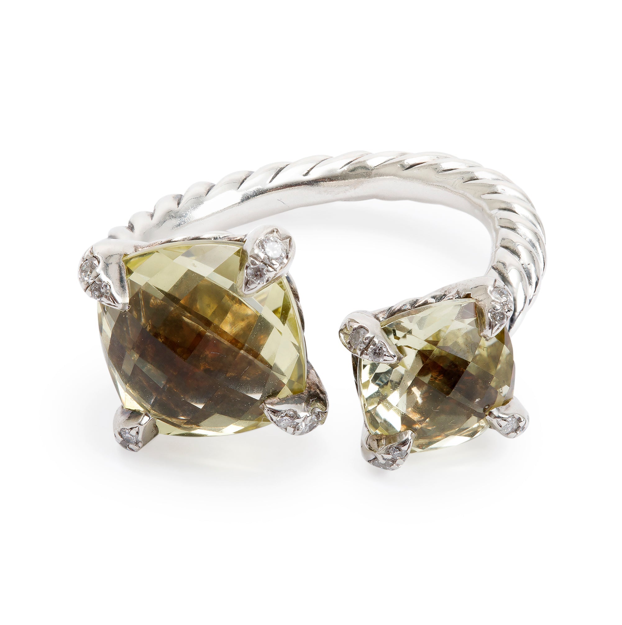 David Yurman Sterling Silver Quartz & Diamond Chatelaine Bypass Ring, Size 5.5