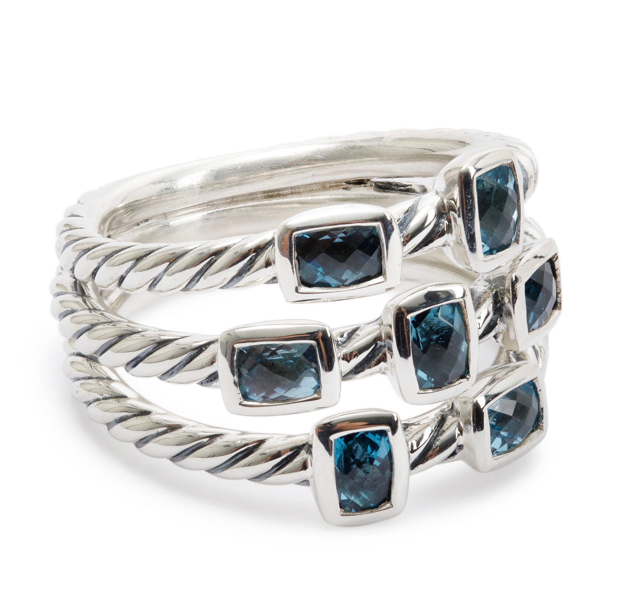David Yurman Sterling Silver Three-Row Confetti Ring with Blue Topaz