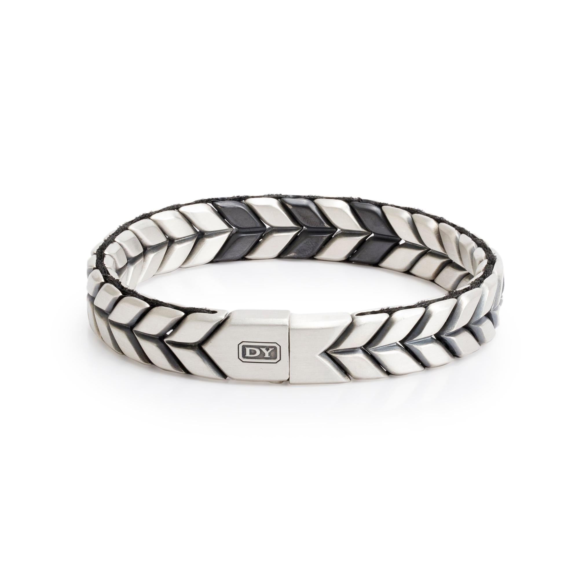 David Yurman Sterling Silver, Titanium & Black Cord Chevron Woven Cable Bracelet, 12 MM