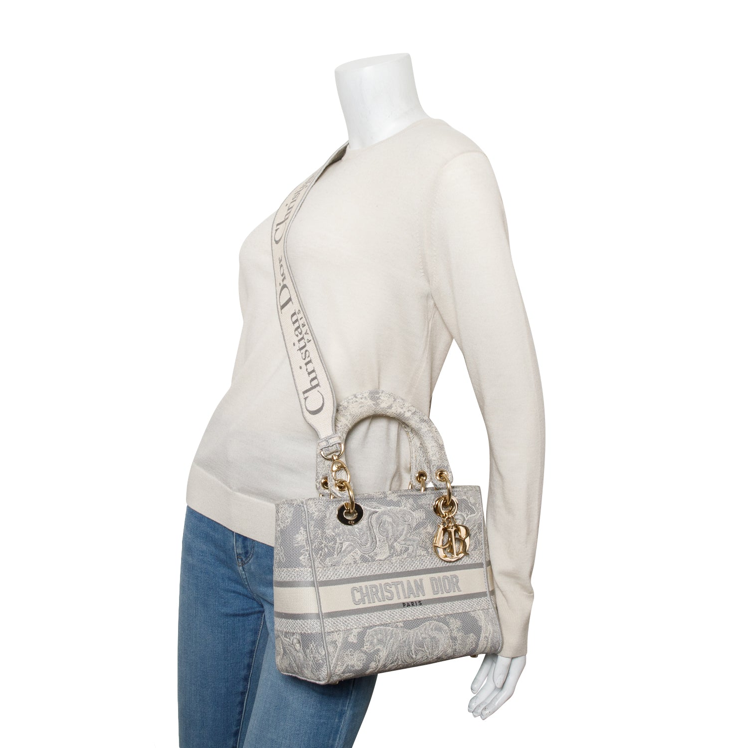 Christian Dior 2021 Grey Canvas Toile de Jouy Embroidered Medium Lady D-Lite w/ Strap