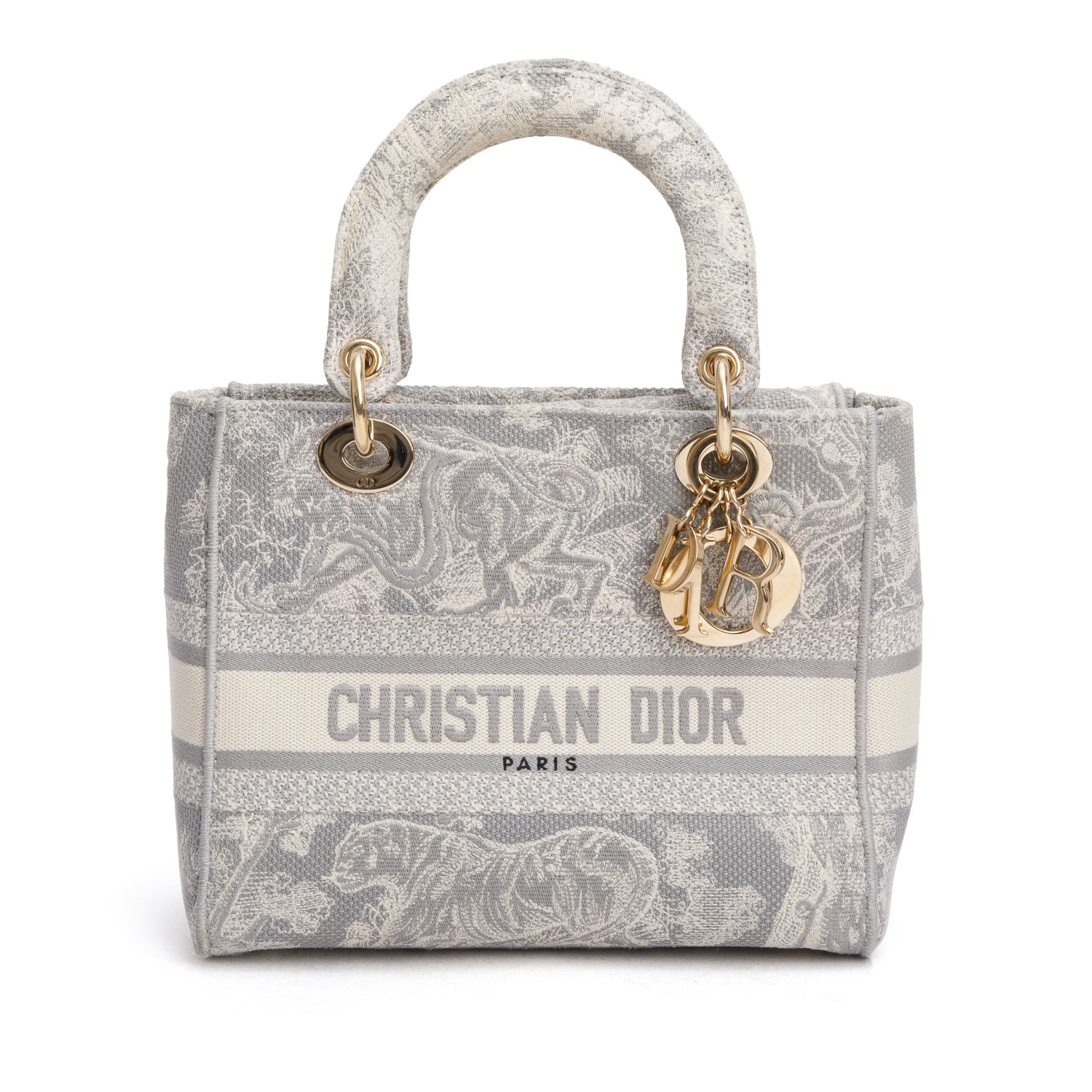 Christian Dior 2021 Grey Canvas Toile de Jouy Embroidered Medium Lady D-Lite w/ Strap