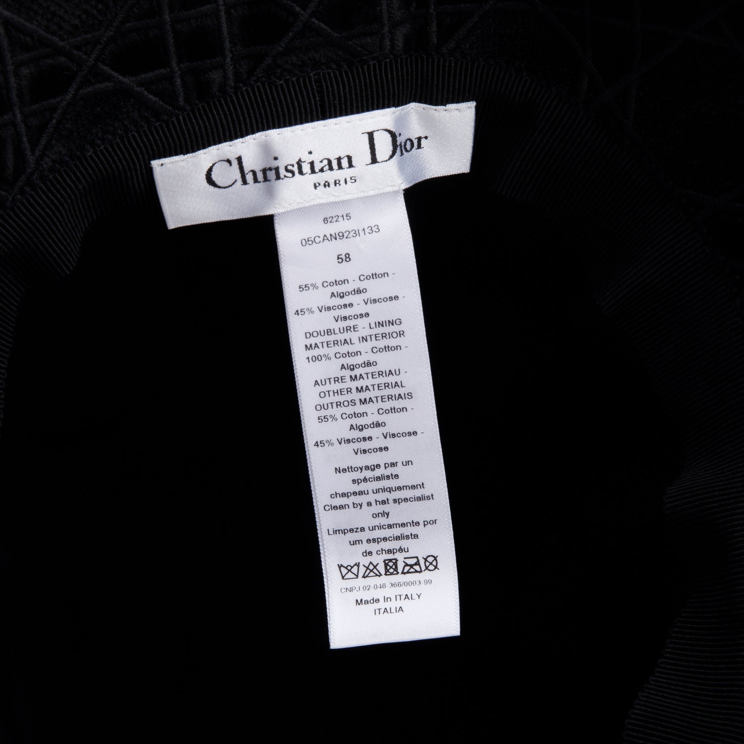 Christian Dior Black Velvet Cannage Bucket Hat, Size 58