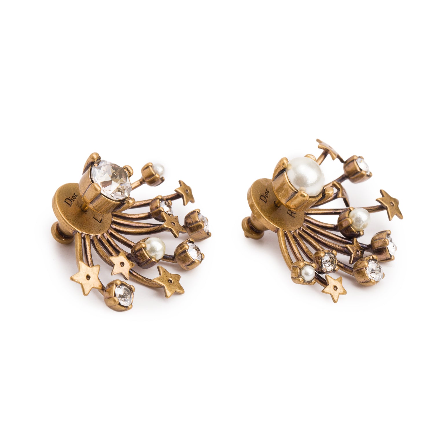 Christian Dior Gold Plated Faux Pearl Crystal Star Drop Earrings